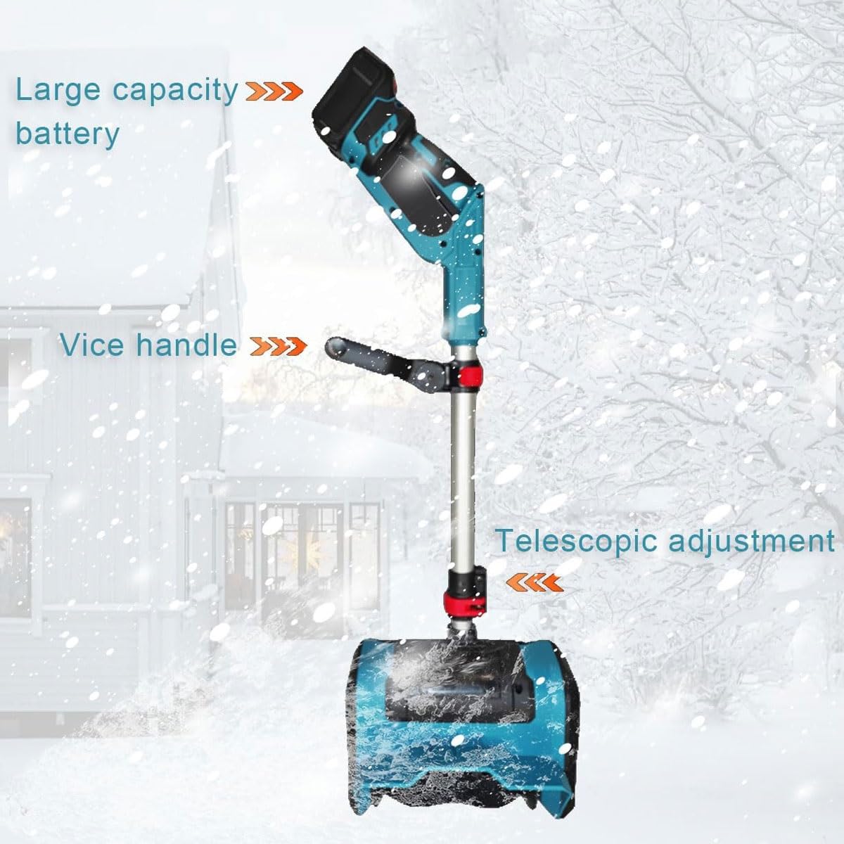 Spazzaneve Elettrico Spazzaneve, Spazzaneve con Carica a Spintore Manuale da 1000 W con 2 Batterie, Regolazione Telescopica, Pala da Neve for Esterni da 3000 Giri/Min for Patio, Fattoria(1-Battery)