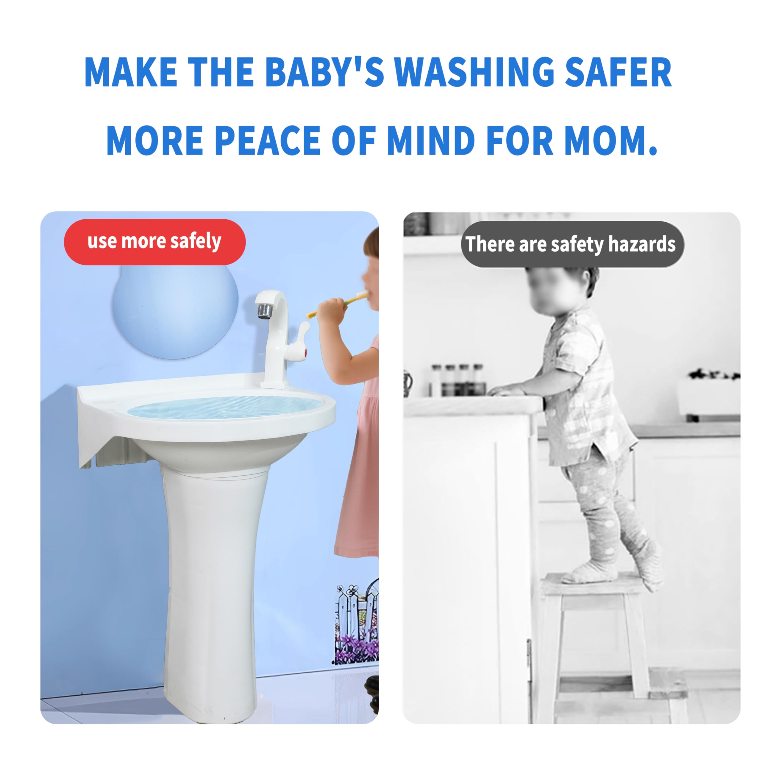 Évier sur pied en plastique pour tout-petits – Petit lavabo de salle de bain pour enfants – 40 x 28 x 53 cm – Installation sans perçage – Autocollant avec trou de robinet pour salle de bain – Colonne