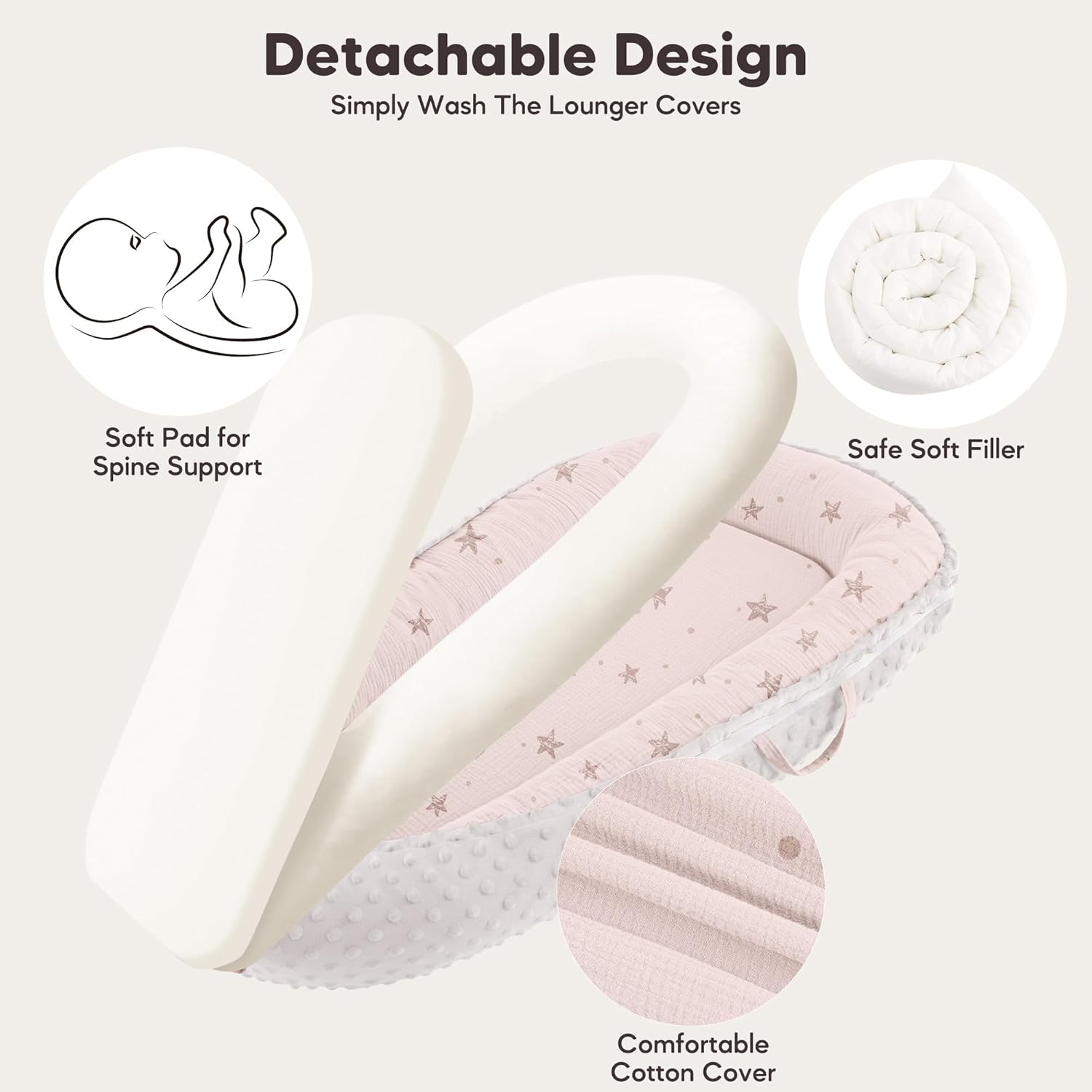 Baby Lounger - Infant Lounger Pillow for Newborn 0-24 Months, Soft, Breathable & Portable Baby Lounger Pillow for Boys & Girls, Cozy Baby Floor Seat for Home & Travel (Pink Star) - Image 6