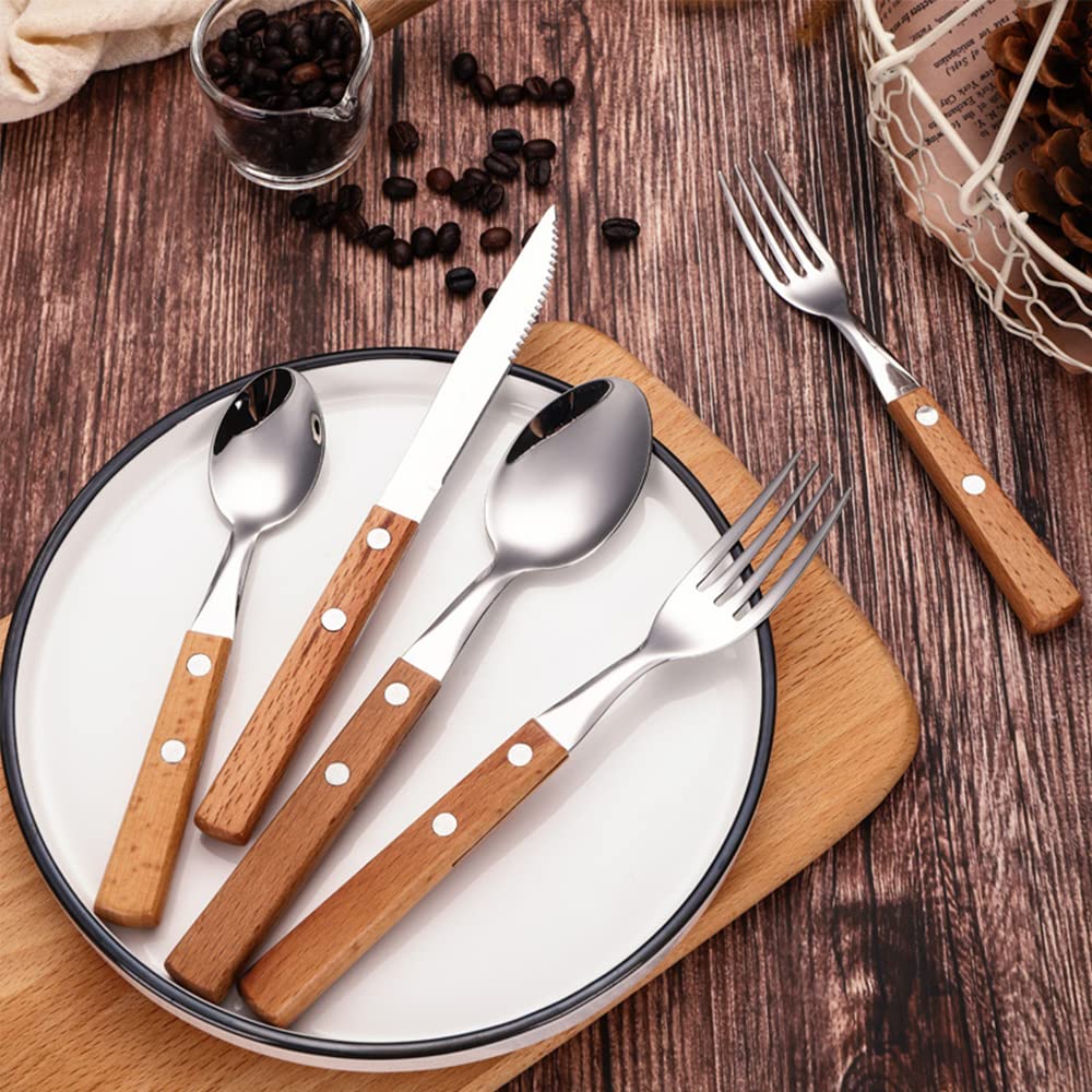 Besteck Set, Steak Besteck Set Lebensmittelechtes Edelstahl-Besteck Set 6 Personen, 30-teiliges Geschirr,Griff aus Holz Essgeschirr für Zuhause und Restaurant, Hochzeit, Halloween, Weihnachten