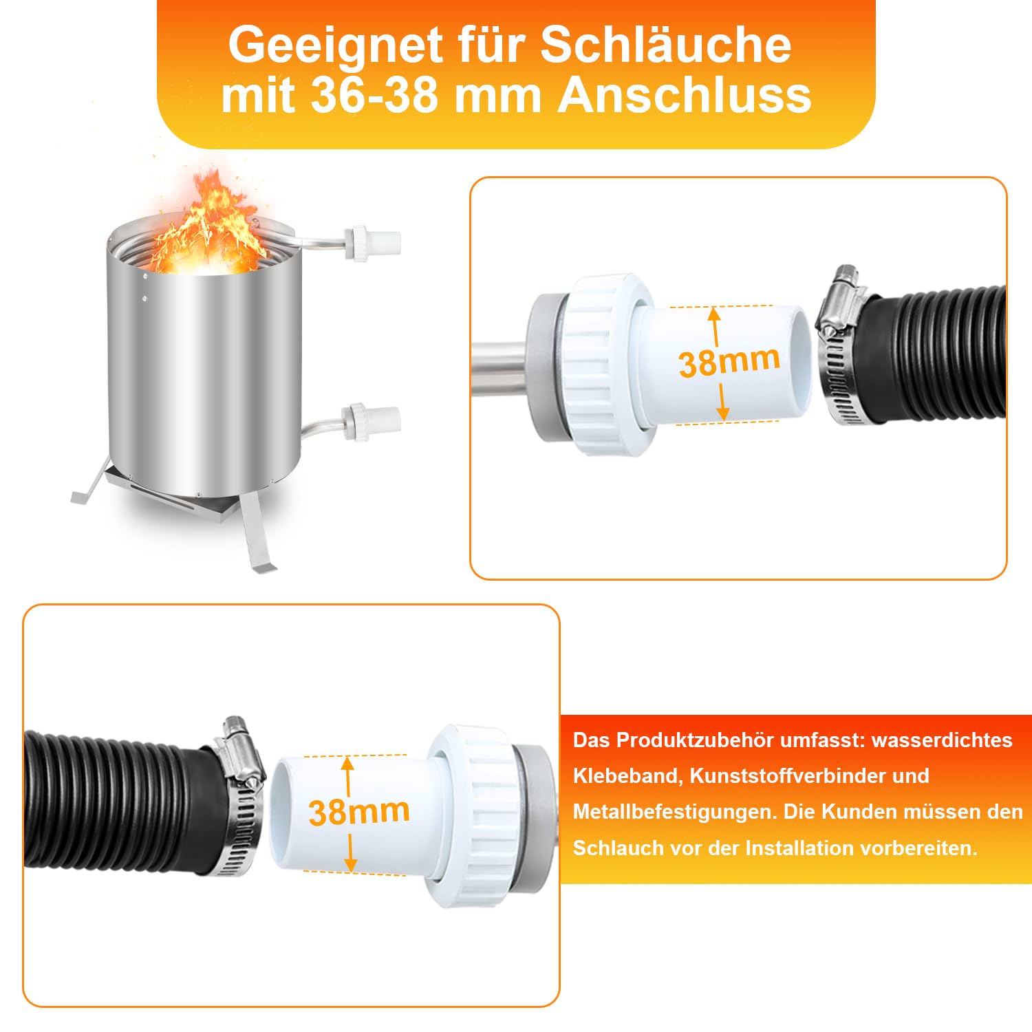 Gimisgu Riscaldamento per Piscina con Fuoco, Serbatoio per Piscina con Spirale riscaldante, 100% Acciaio Inox, Riscaldamento per Piscina con connettori da 32/38 mm