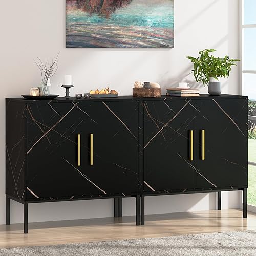 RESOM Aparador buffet con puertas, armario de almacenamiento negro con estantes ajustables y patrón de mármol, gabinete de acento moderno para