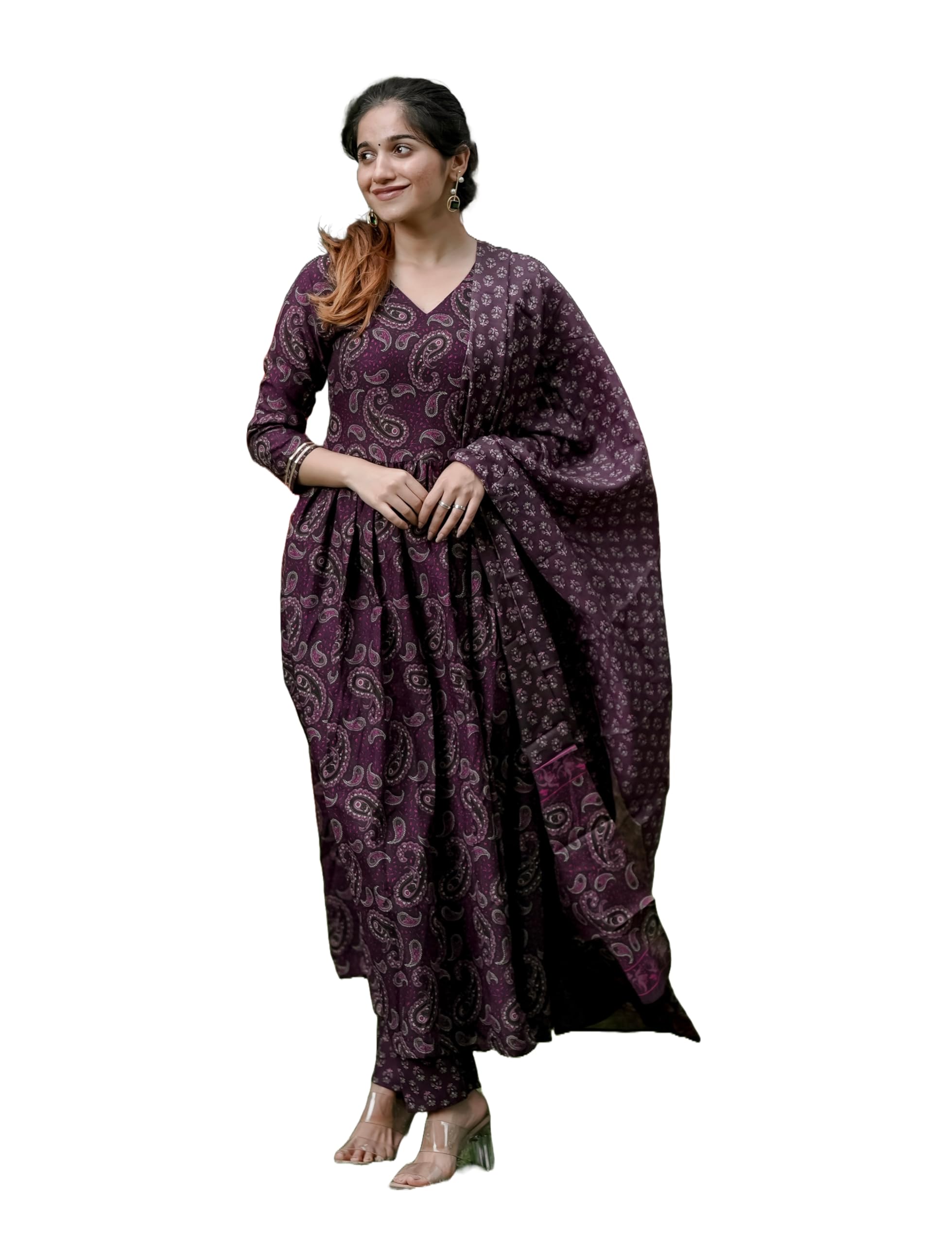Nermosa Women Printed Anarkali Kurta Pant With Dupatta (In, Alpha, L, Maroon)
