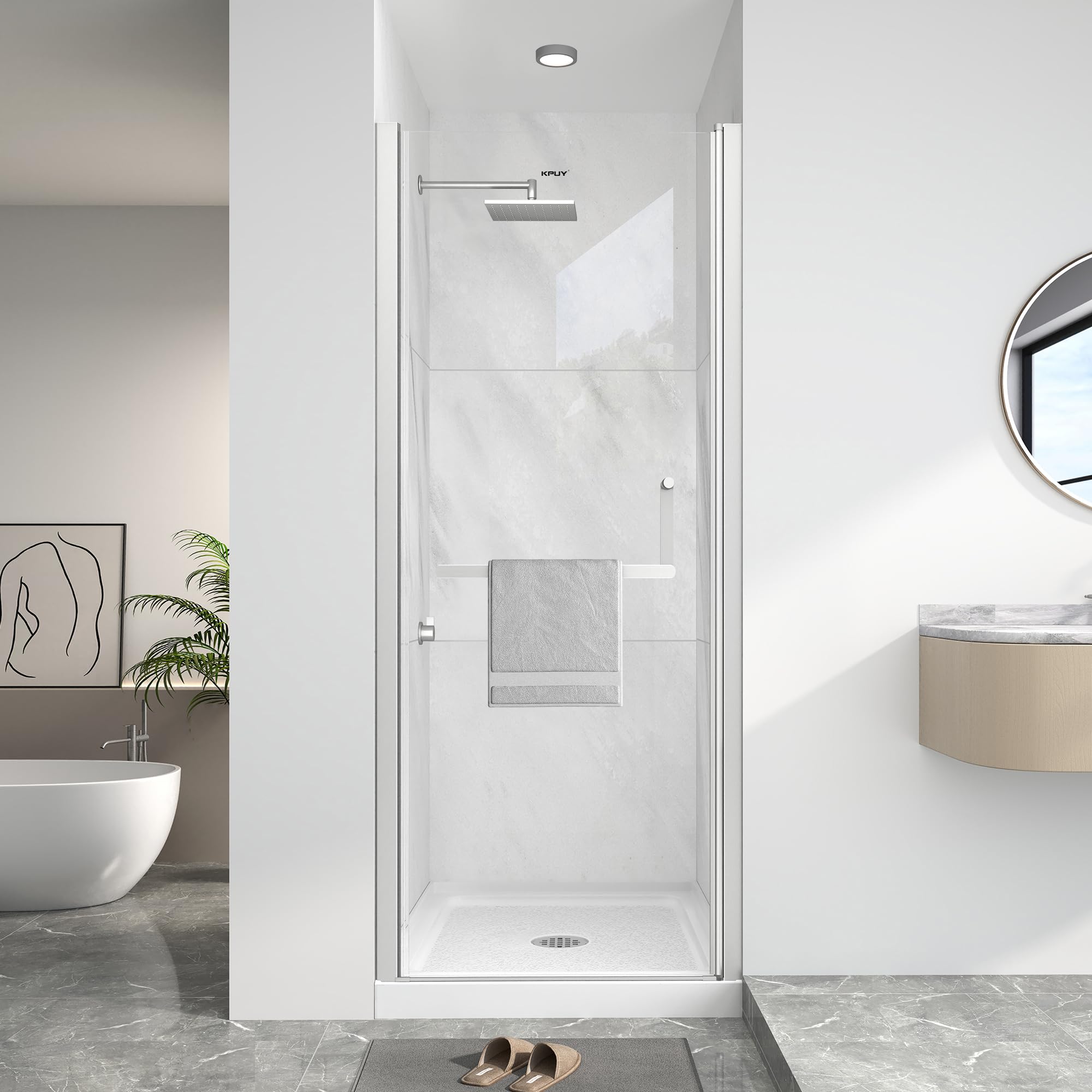 Photo 1 of KPUY Frameless Pivot Shower Door 28-30" W x 72" H, Brushed Nickel