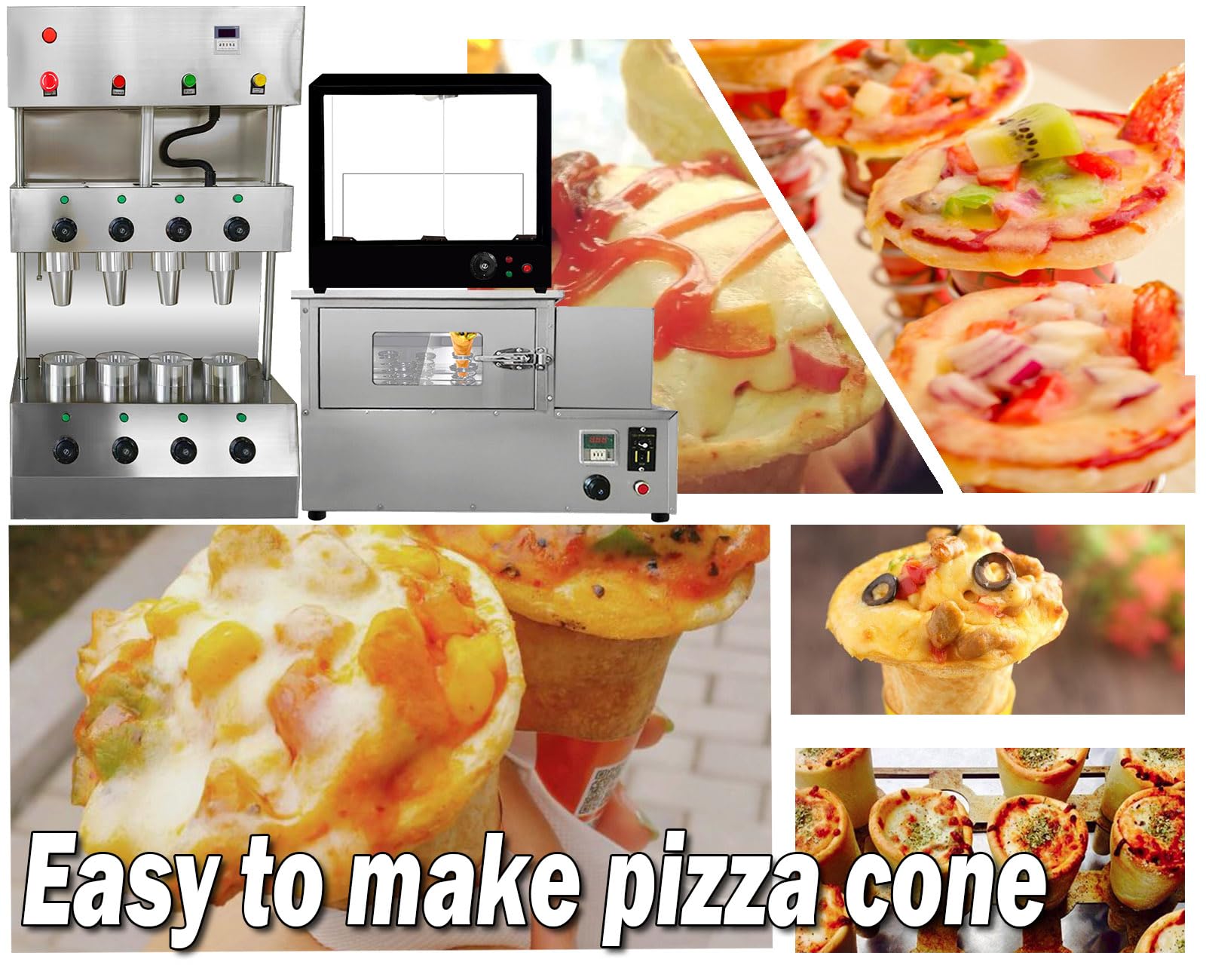 TXMACHINE® Pizza cone machine 4 cone maker with pizza oven and Display Cabinet,pizza cone forming making machine (110V/60HZ, 4 cup pizza machine+oven+display warmer)