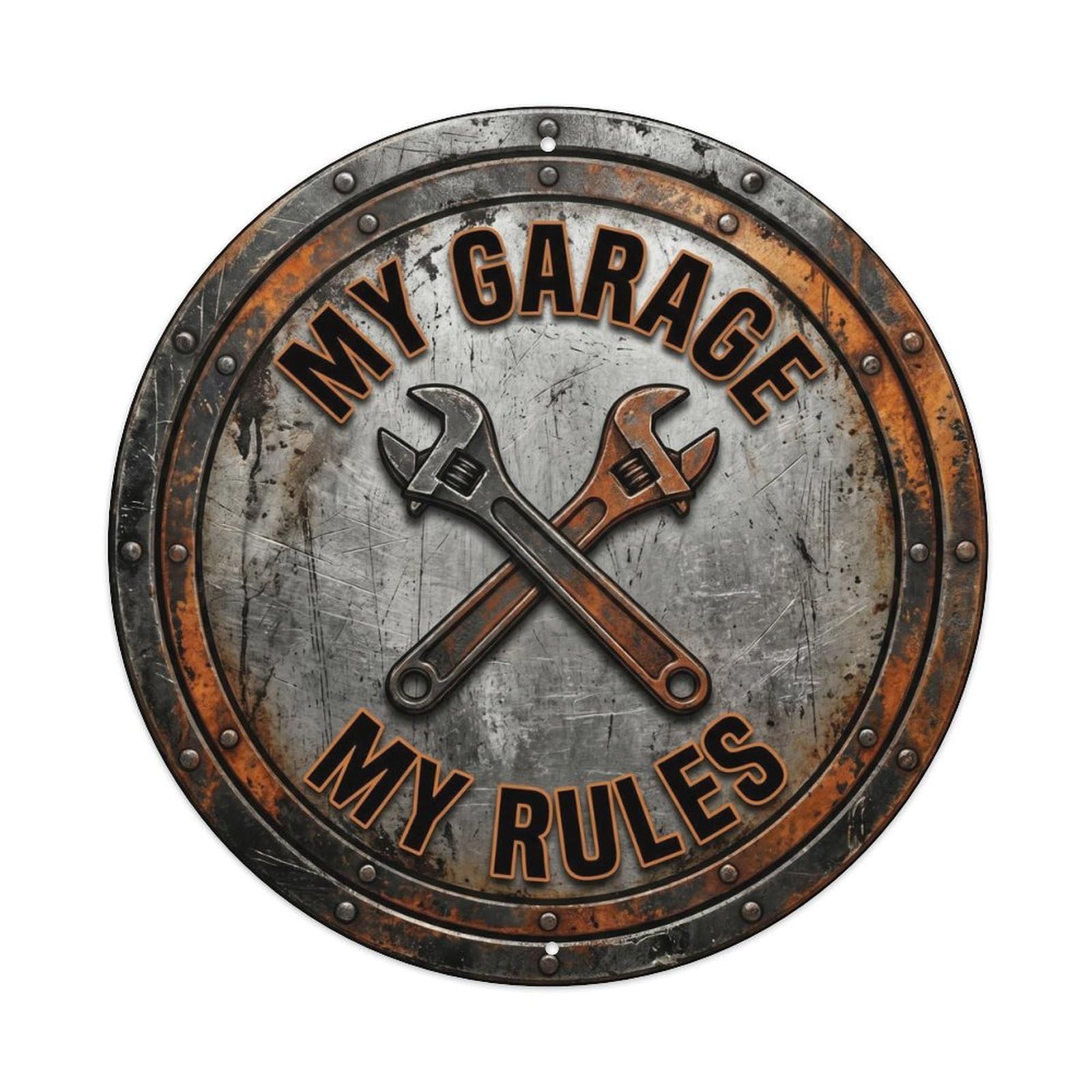My Garage My Rules Vintage Workshop Accessory Retro Slogans Vintage Metal Tin Sign Plaque Wall Decor for Cafe, Club, Garden Round Metal Poster 8x8Inch