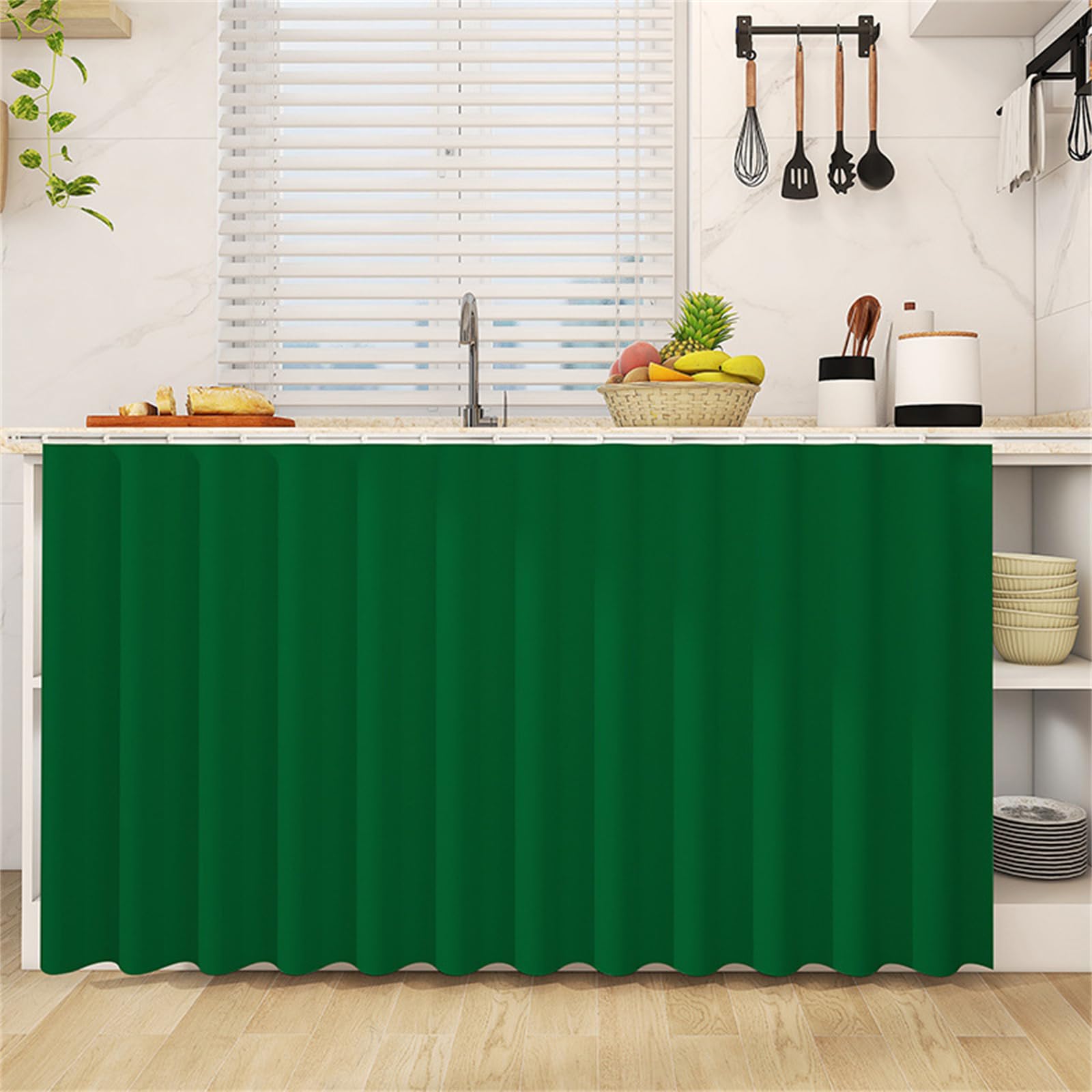 Highdi Cupboard Short Curtain Kitchen, Hide Away Small Curtains for Kitchen Cupboard Door - No Drilling Is Required with Hook and Loop for Under Sink-Solid Colour (Green,100 * 120cm)