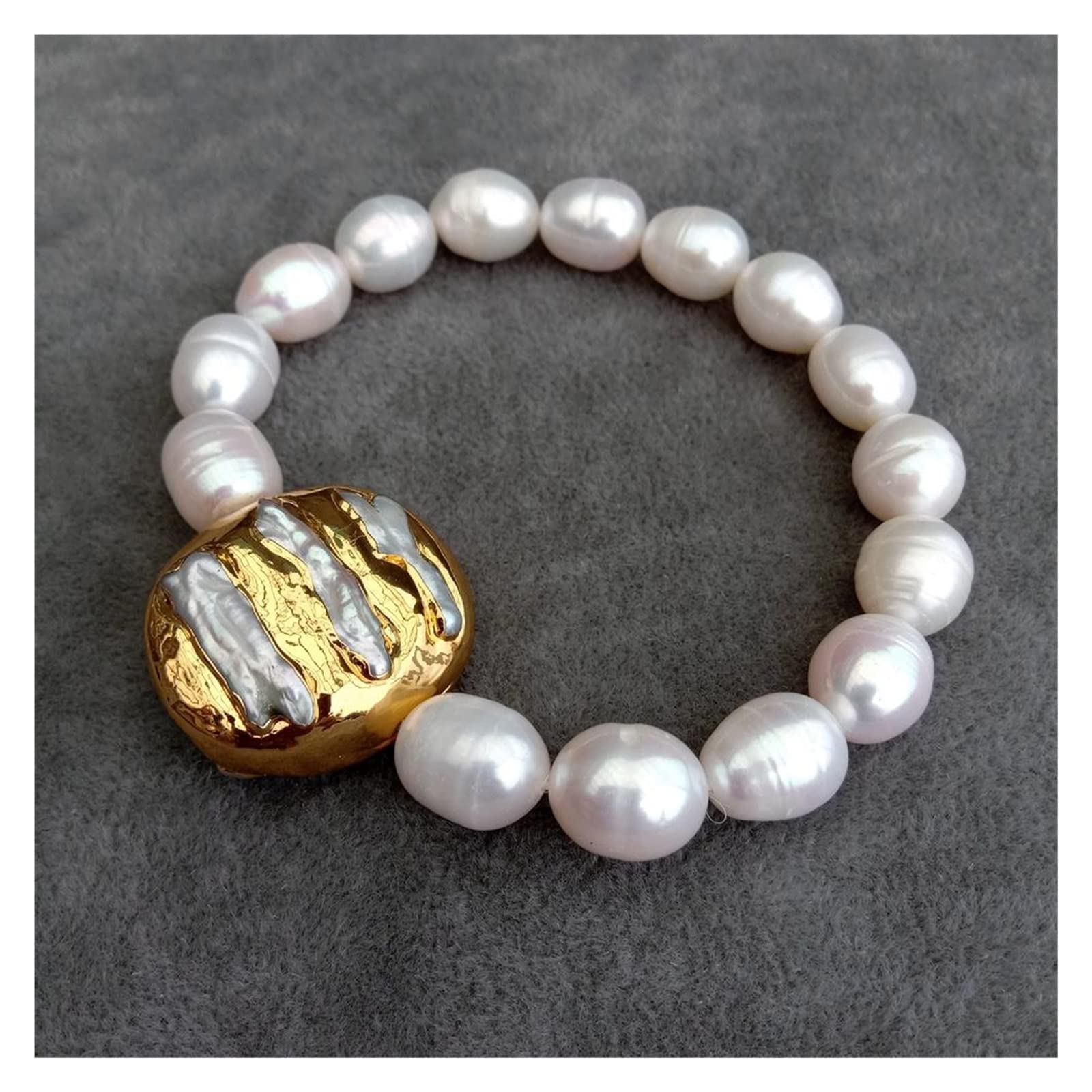 LAnGSHAW 9 x 11 mm natürliches weißes Reis-Süßwasser-Zuchtperlen-Biwa-Perlen-elastisches Armband