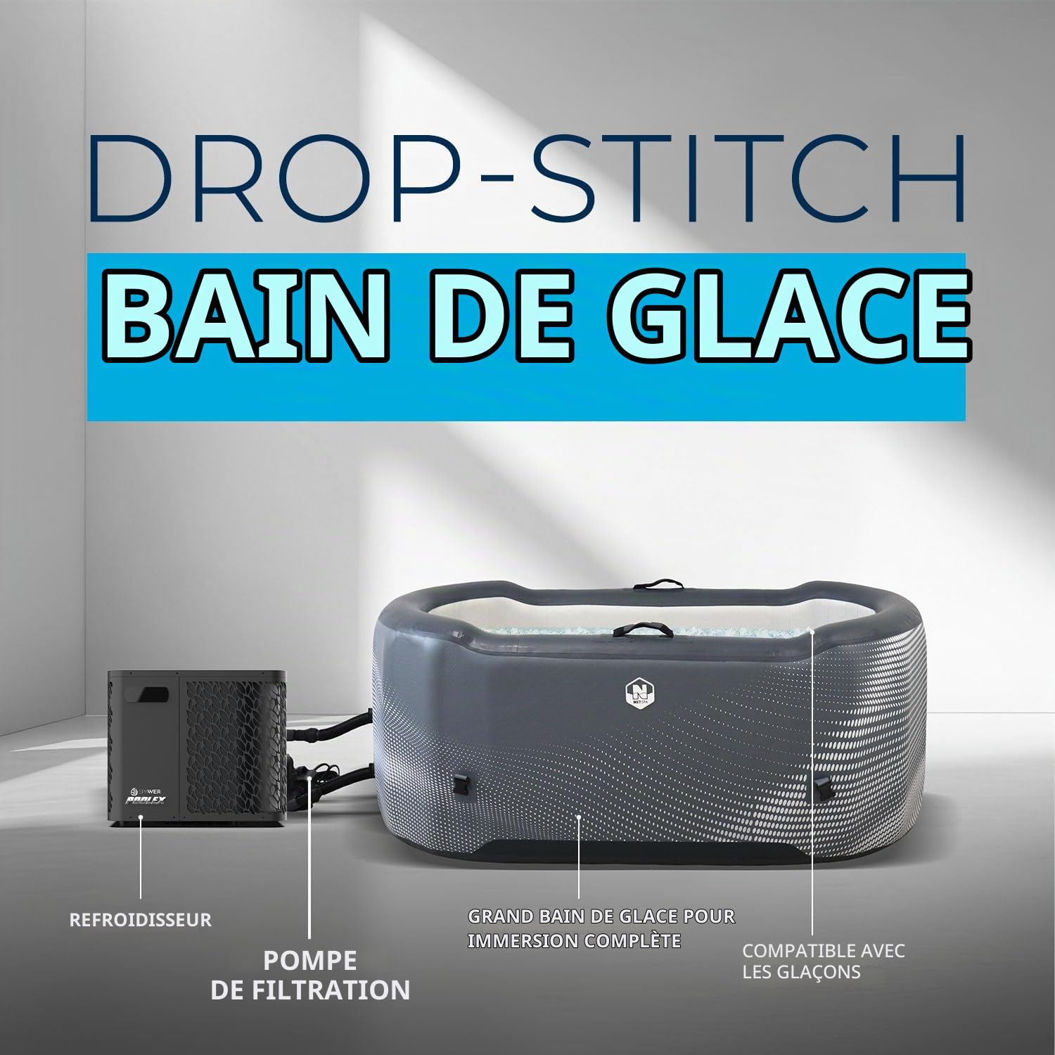 Pack Bassin ICEBATH NETSPA Jarvi Dropstitch + Kit Chiller 3KW - 3-40°C : Cryothérapie - Bain Froid