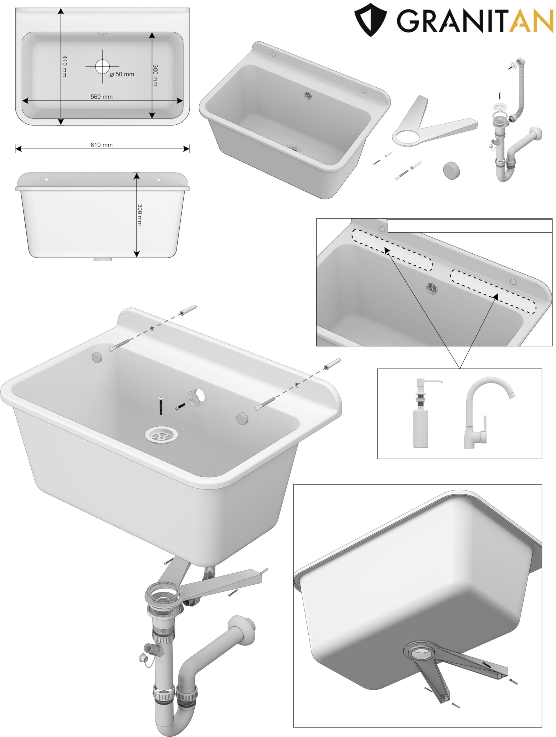 Granitan Ausgussbecken für Garage Keller Werkstatt - Universal Waschtrog mit Siphon - Waschbecken Wandmontage aus Polypropylen - 61x41x30 cm (Weiß + BETA Waschtischbatterie)