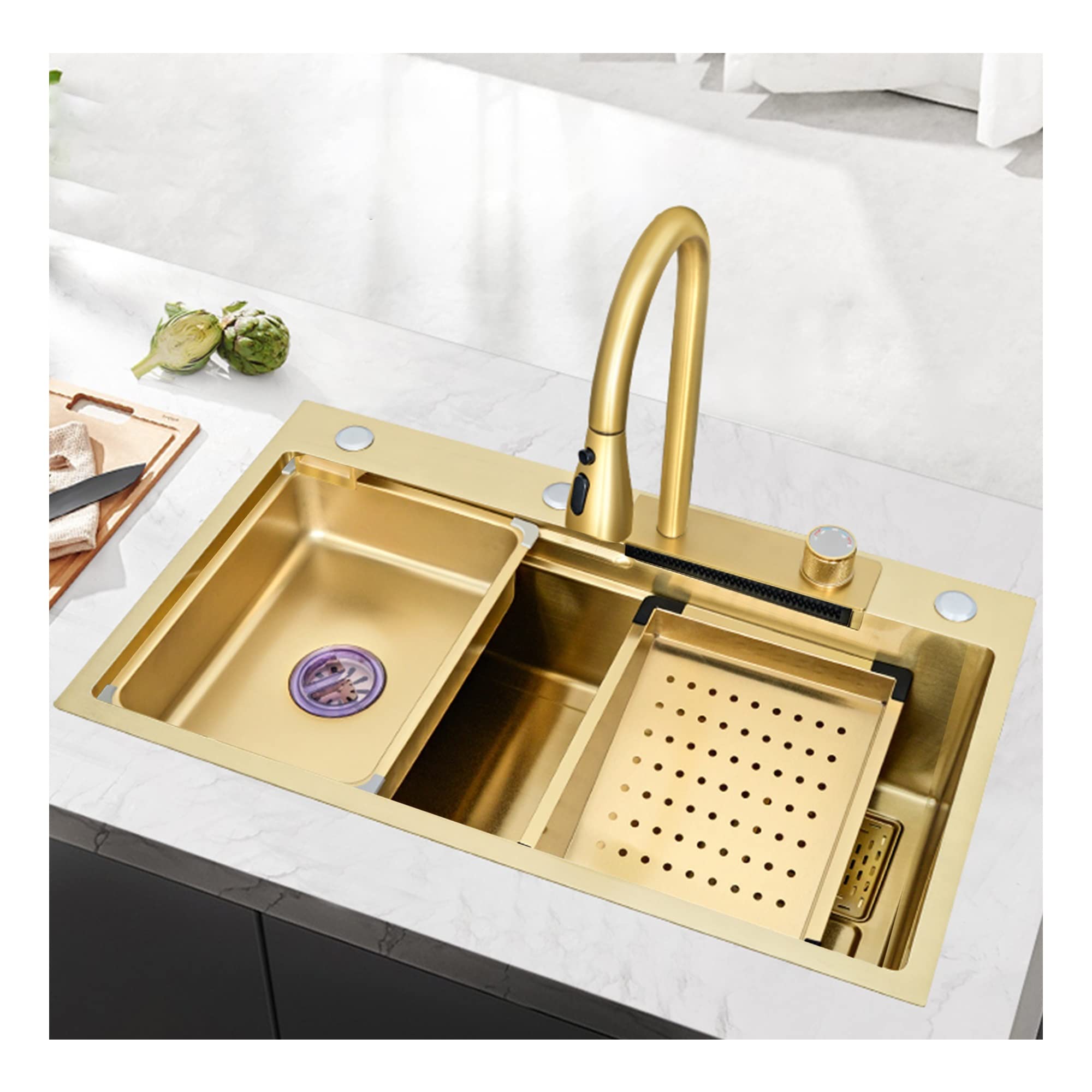 SDdPulse Nano Gold Waterfall Kitchen Sink with Glass Washer, Stainless Steel Utility Sink with Pull Out Faucet, for Rest, Gold, 68 x 45 x 21 cm