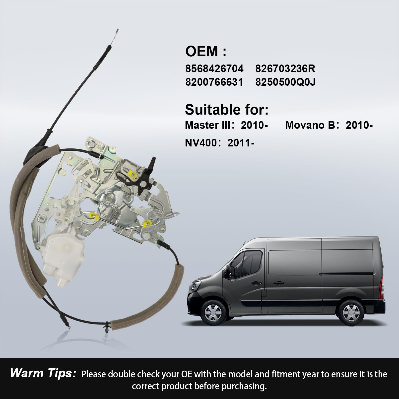 Remplacement de l'actionneur de serrure de la porte coulissante droite pour Master III (à partir de 2010), Movano B (à partir de 2010) et NV400 (à partir de 2011) 8200766631 8250500Q0J 826703236R