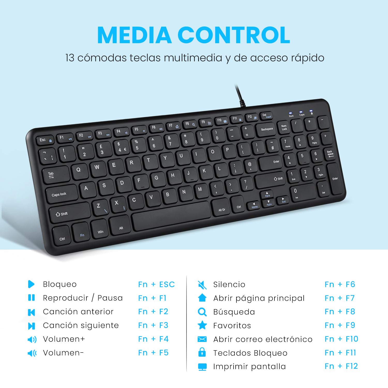 Perixx PERIBOARD-213B Teclado de Tijera USB silencioso con Cable - Diseño Compacto con Teclado numérico - Negro - Qwert Español con Ñ