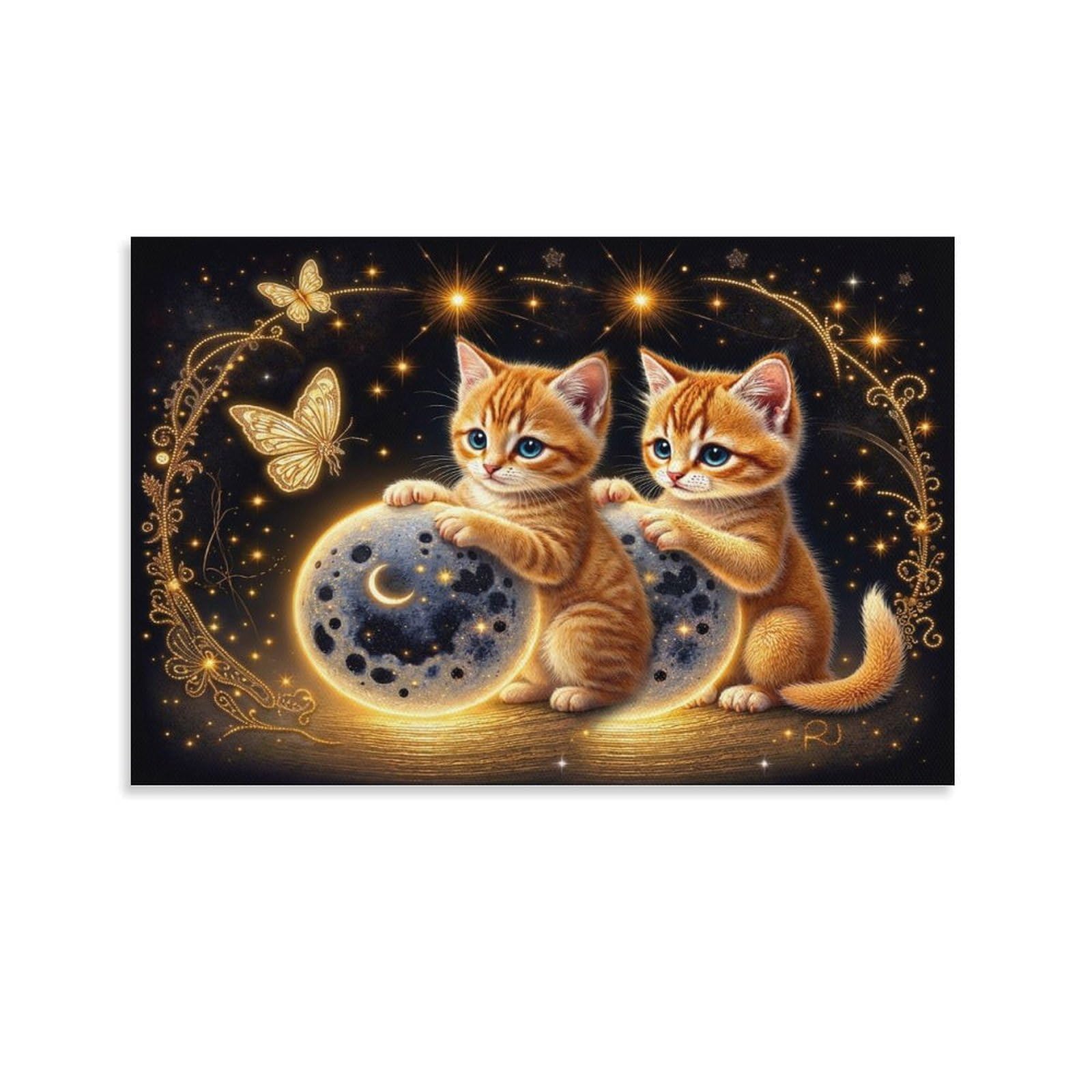 CPLVKWRQJ Cute Kitten Moon Single Two Ginger Kittens Moon Orbs Framed Canvas Wall Art - Living Room Gallery Wall Statement Piece Fade Resistant Decor 12x18inch(30x45cm)