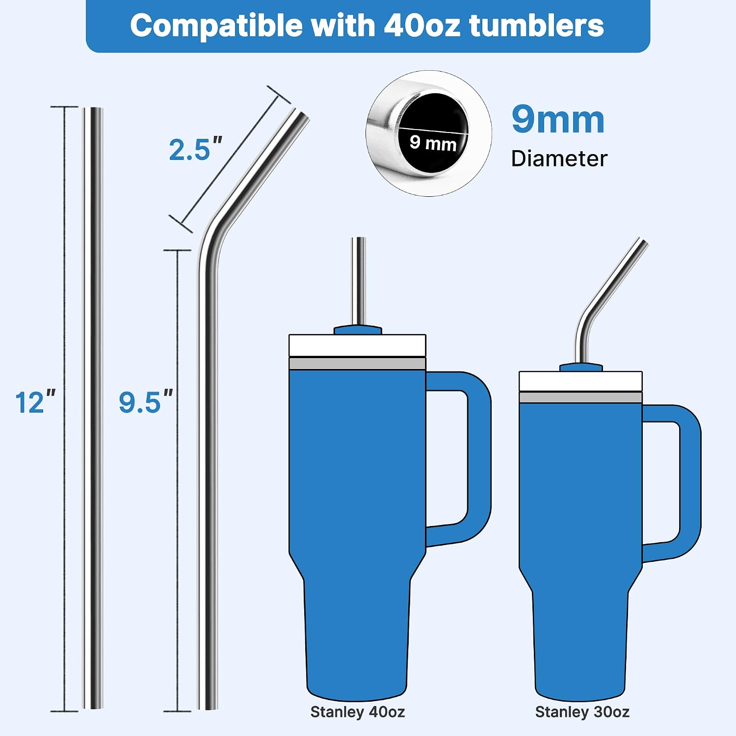 12" Stainless Steel Long Straw - 6 Pack Straight & Bent Metal Straw Set image 3