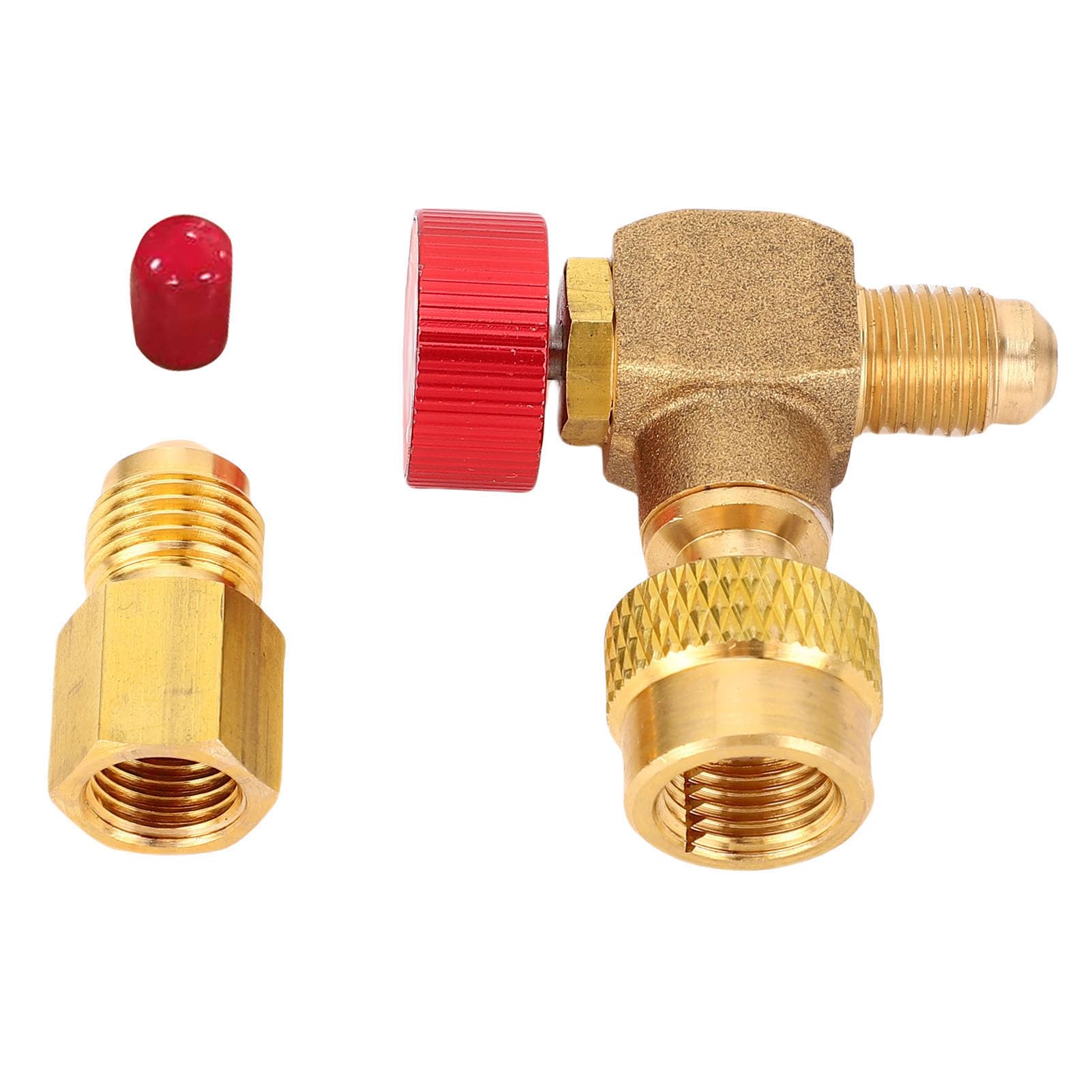 Valvola di Ricarica per Refrigerante R22 R410 R32, Valvola HVAC a 90 Gradi in Ottone, Pressione 55 Kg, Compatto 50mm con Connettore e Cappuccio Universale