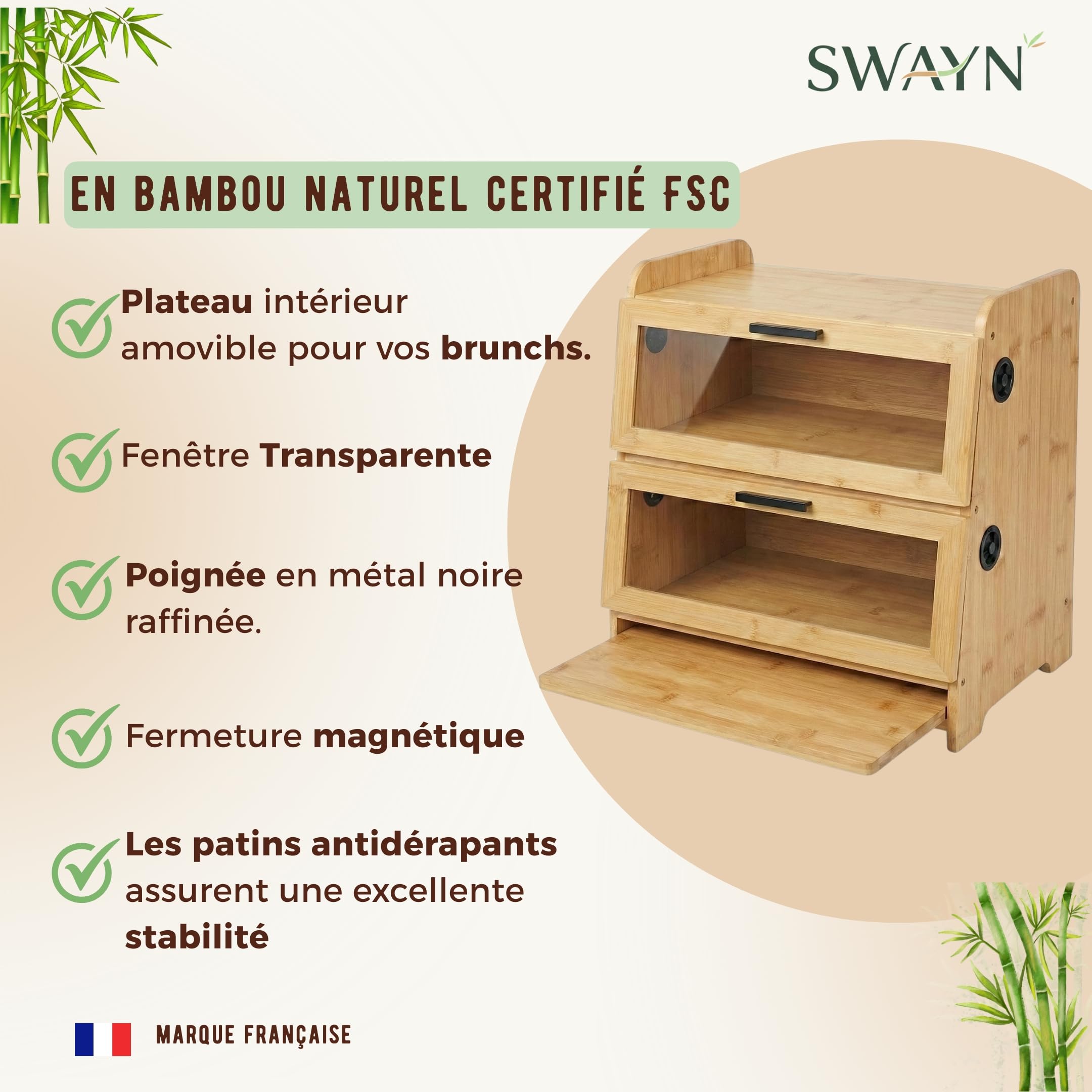 SWAYN - Caja de pan de bambú con certificación FSC - Hucha para pan de 2 pisos, ventilación ajustable para prolongar la frescura, tabla integrada, almacenamiento optimizado para conservación de pan