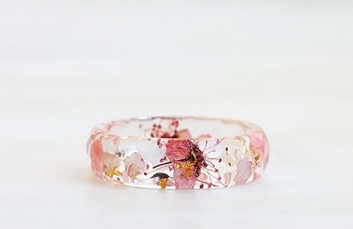 Miniatura 2 de Pink Blossom Ring, Elegant Faceted Resin Ring with Real Petals and Gold/Silver/Copper Flakes, Nature Inspired Jewelry, Holiday Gift