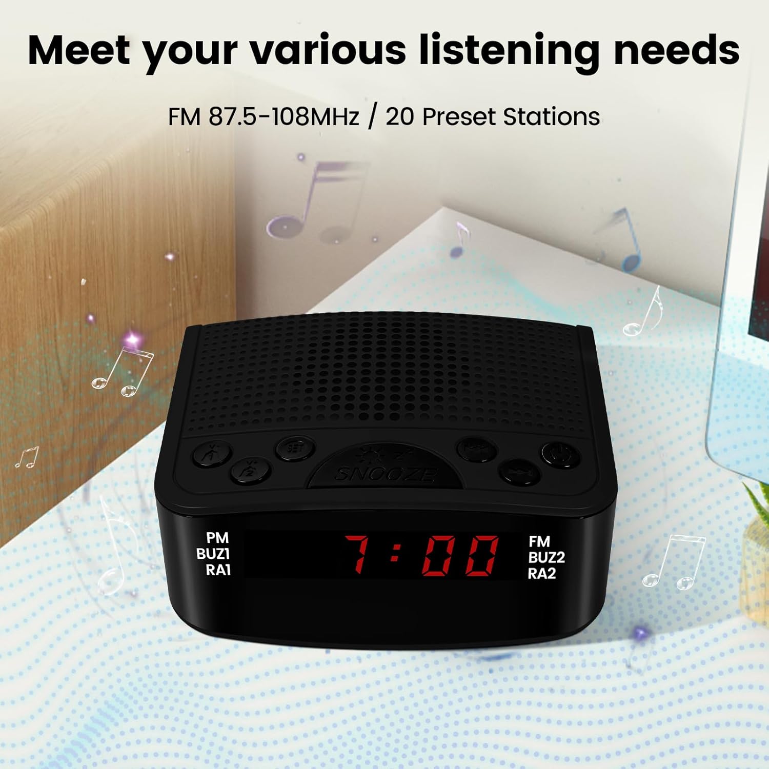 Digital Alarm Clock Radio with FM Radio & Red LED Display, Dual Alarm & Snooze, 20 Station Presets, Sleep Timer & Dimmer, USB Powered Bedside Clock Radio for Bedroom Heavy Sleepers