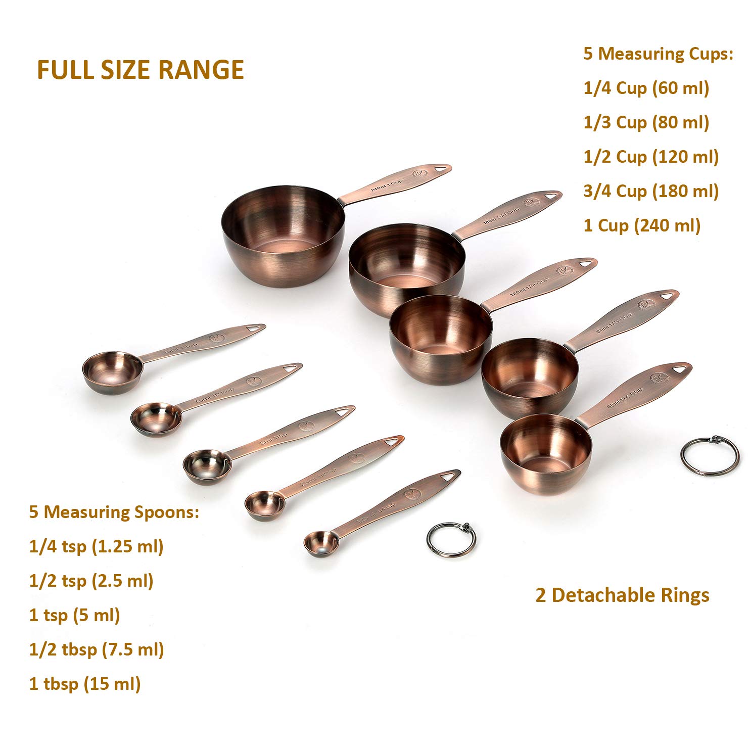 Set di misurini e cucchiai in rame, in acciaio inox, impilabili, 5 misurini e 5 misurini con 2 anelli, placcato in rame antico