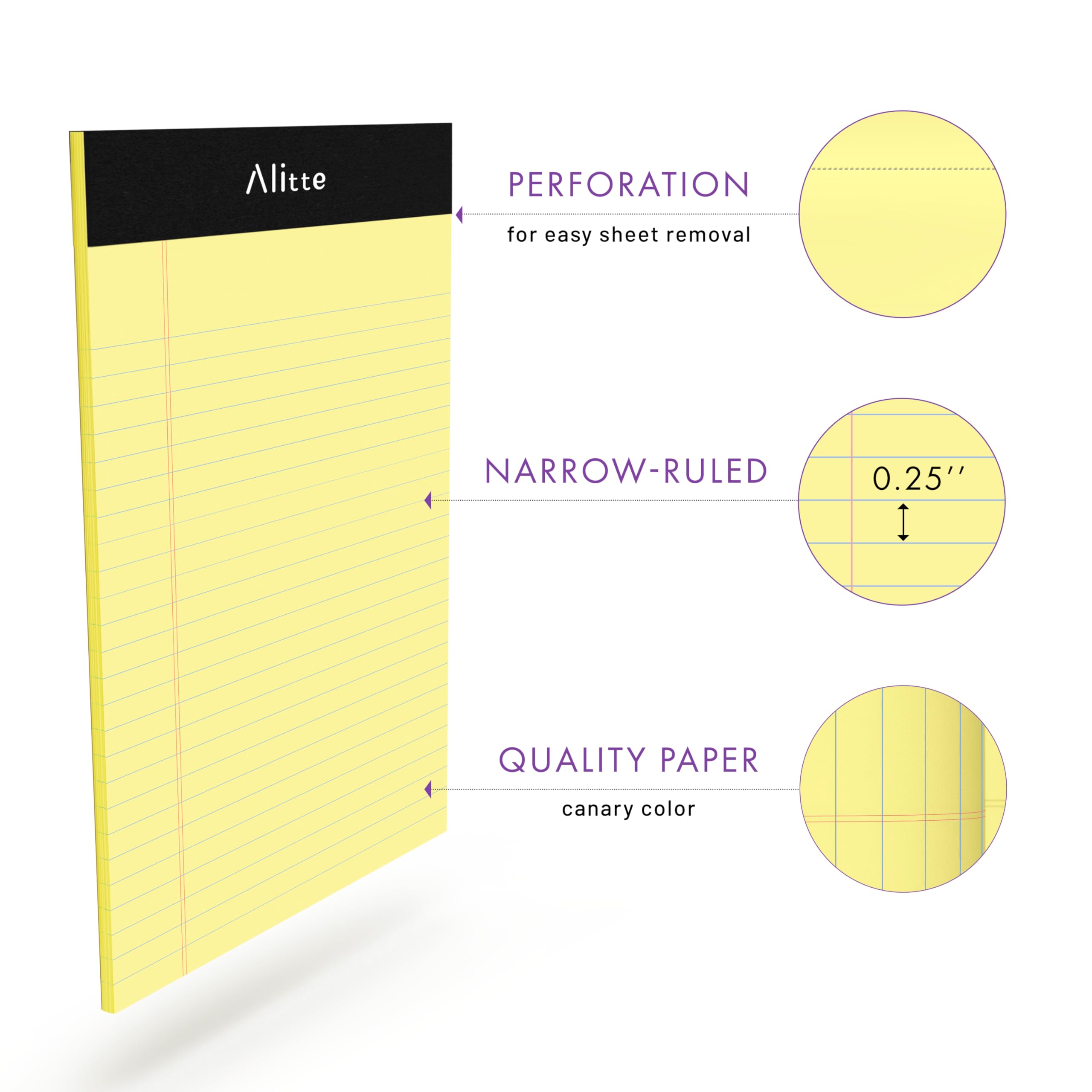 Alitte Gelbe juristische Notizblöcke, 12,7 x 20,3 cm, 6 Stück, perforiert, legal, liniert, hochwertiges dickes Papier, kein Verlaufen der Tinte, blanko, für Zuhause, Büro, Schule, Geschäft, 50 Blatt