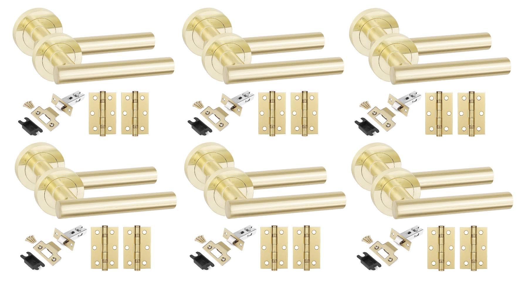 Golden Grace 6 Set T-Bar Door Handles with Latch & Hinges, Satin Brass