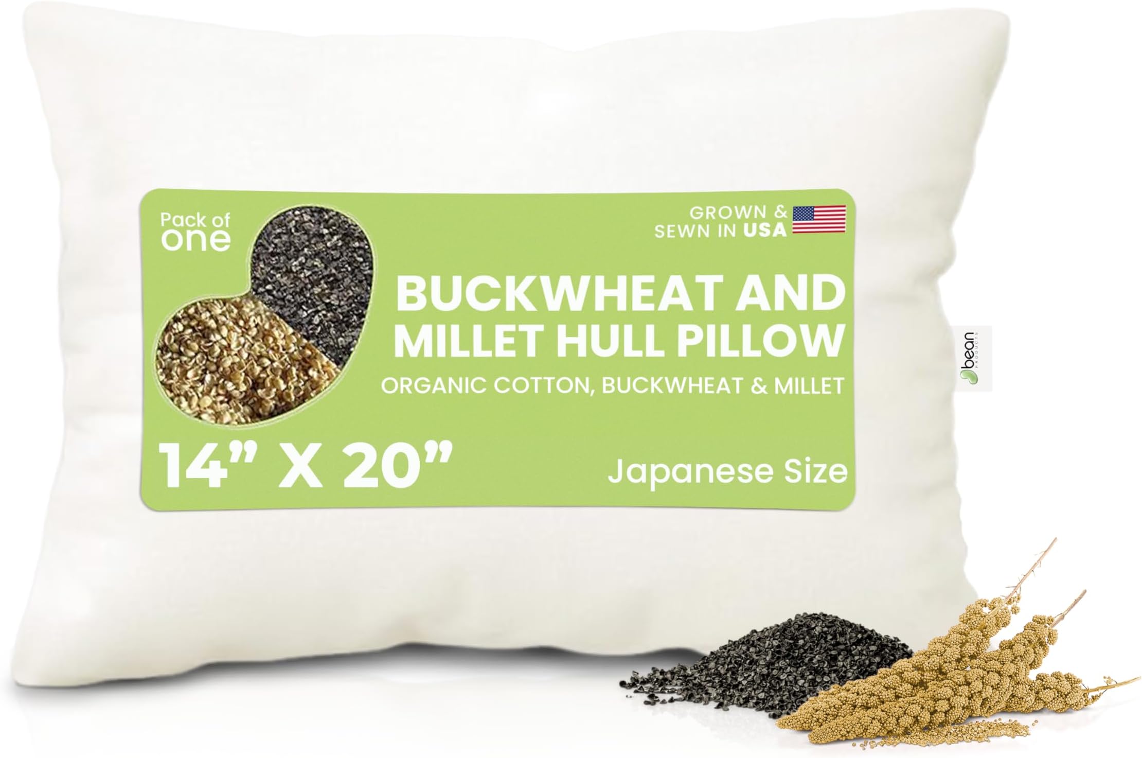 Multi Grain Japanese Pillow - 14" x 20" - Organic Cotton Zippered Shell with 1 Side Organic Millet and 1 side Organic Buckwheat - Bed Body Floor Cushion Insert Couch Throw Bolster - Made in USA