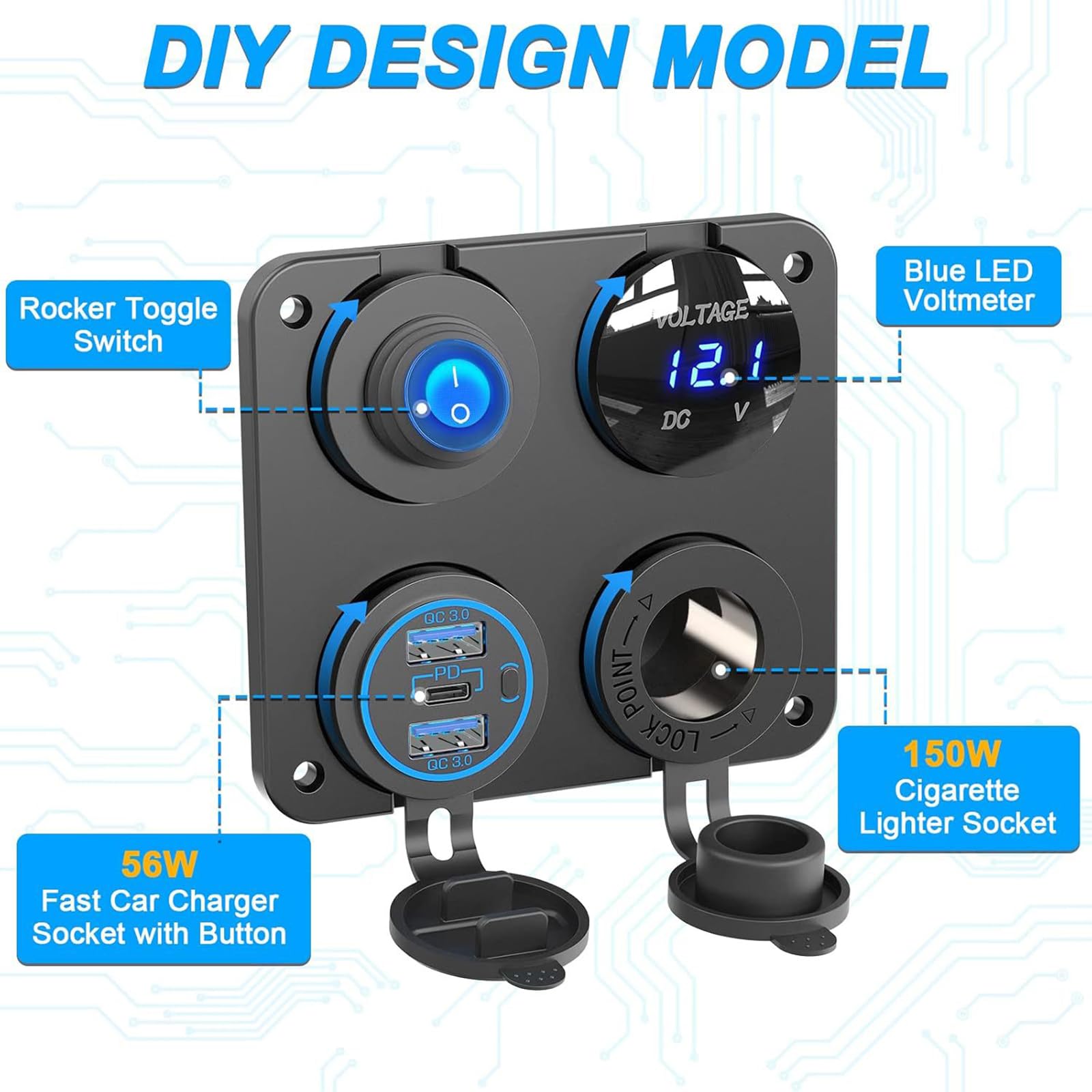12-V-24-V Marine Ladegerät Steckdose mit Schnelllade Stromversorgung und digitalem Voltmeter ABS Ladesteckdosentafel, austauschbare Fahrzeugsteckdosen