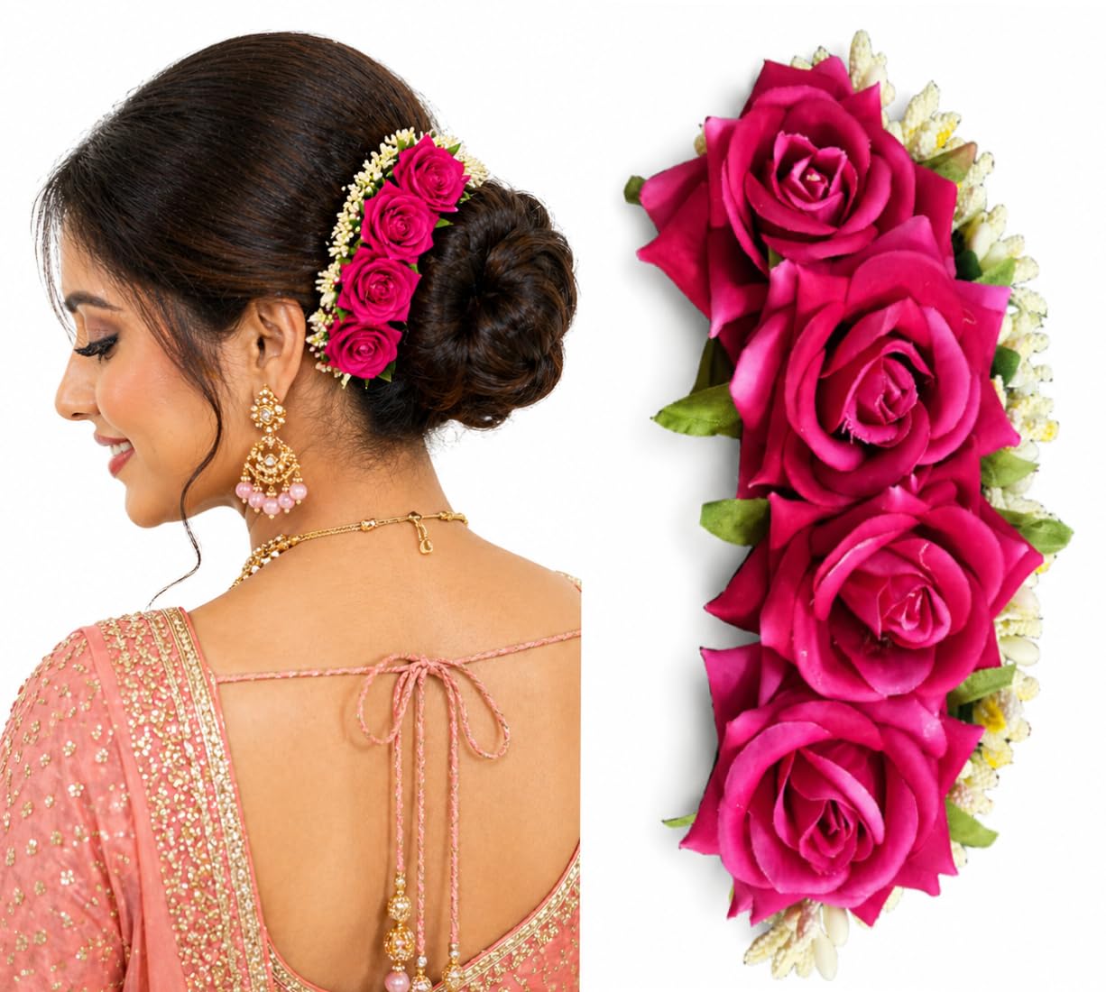 Tia Crafts Artificial Rose Gajra for Hair Bun | Bridal Flower Hair Accessories for Women | Veni Gajara Juda Decoration | Wedding, Bharatanatyam & Traditional Hair Styling (Pink)-image-16
