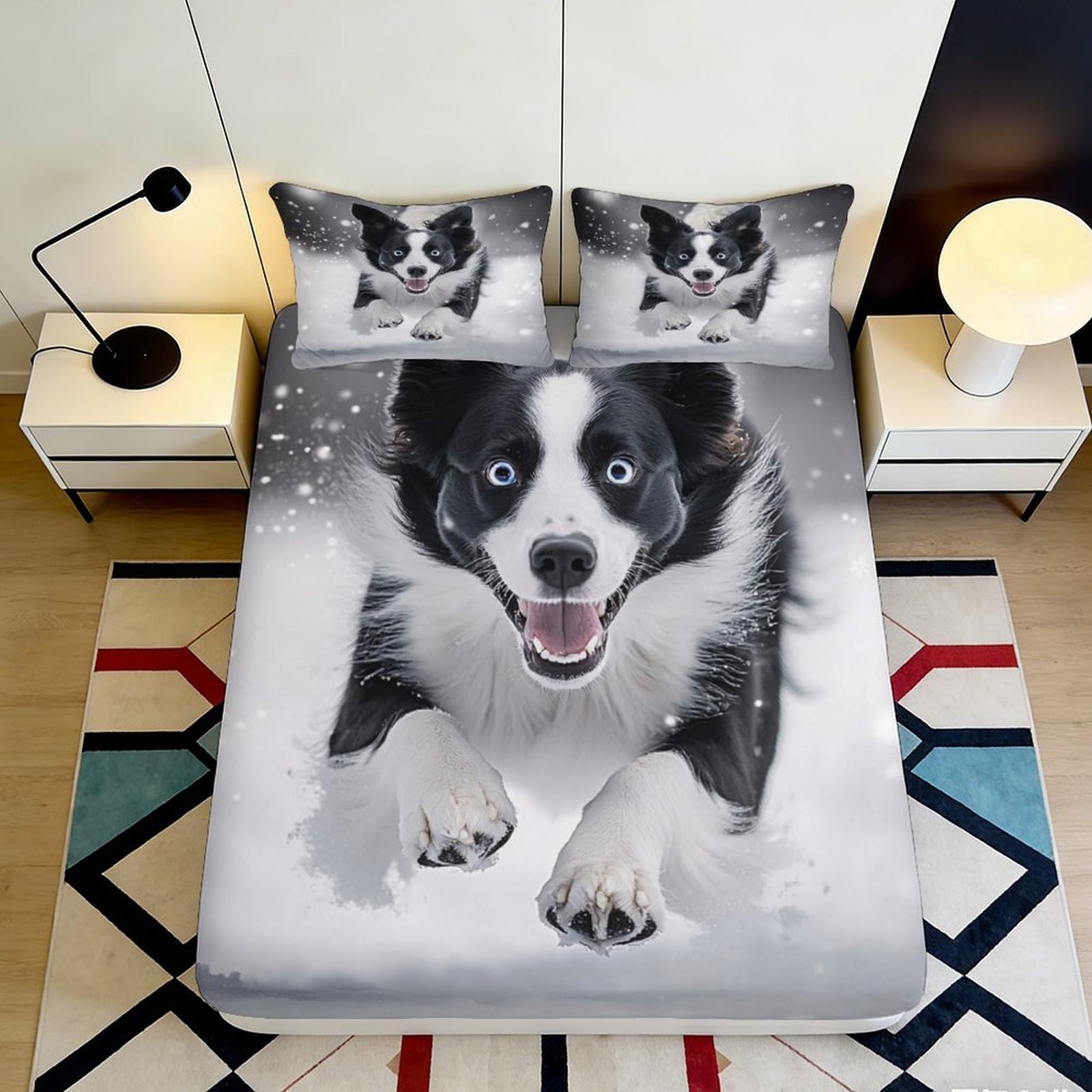 Pnayamiorkfel Style-10 3D Printed Running Border Collie Fitted Sheet Microfiber Black White Dog Bed Cover For Bedroom Dorm Mattress Décor 90X200x25cm