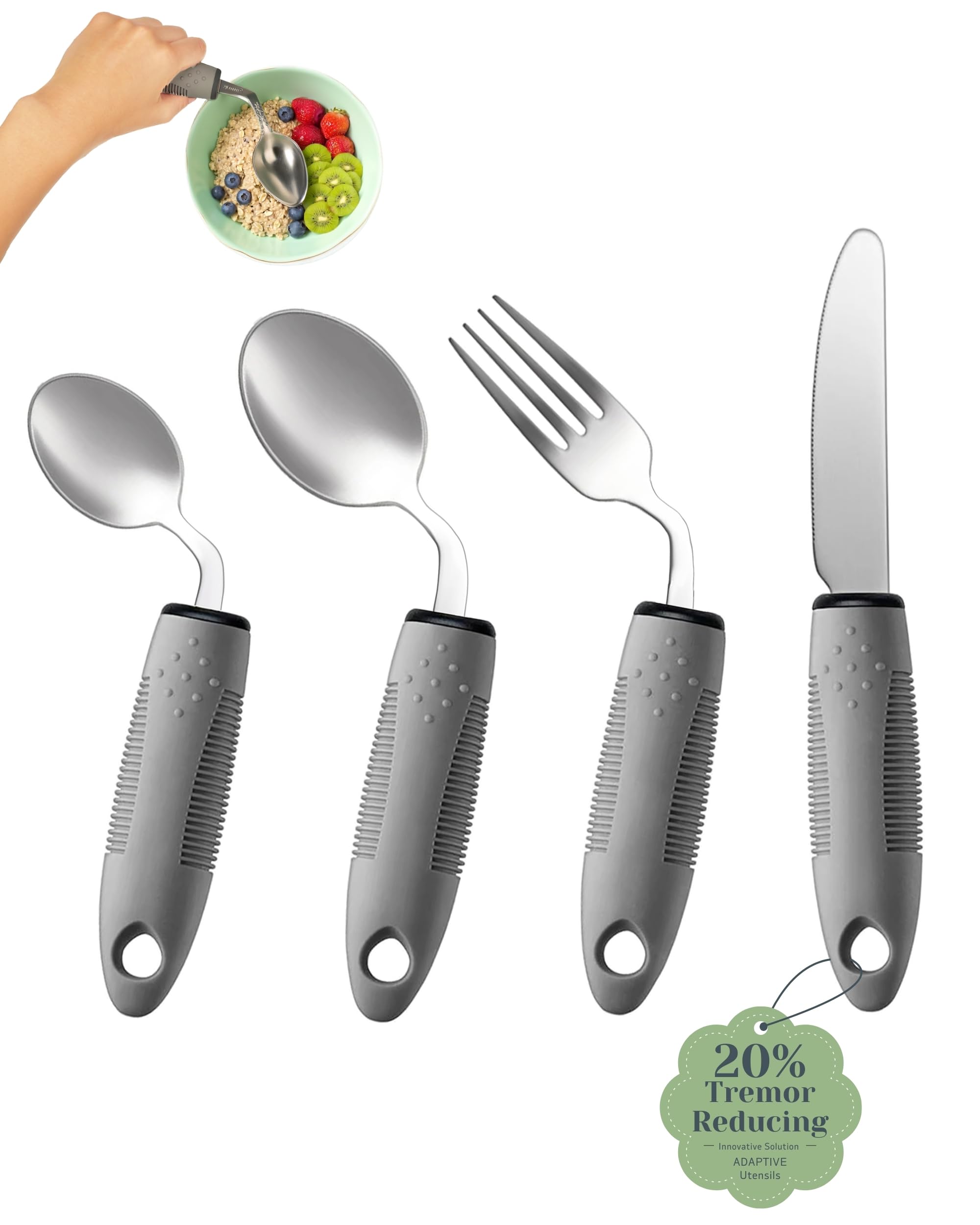 Juego de Utensilios Adaptativos (4 Piezas) – Cubiertería Pesada de 3 oz con Ángulo de 42° para Parkinson, Temblores en las Manos y Artritis – Ayudas Ergonómicas para Comer de Fácil Agarre
