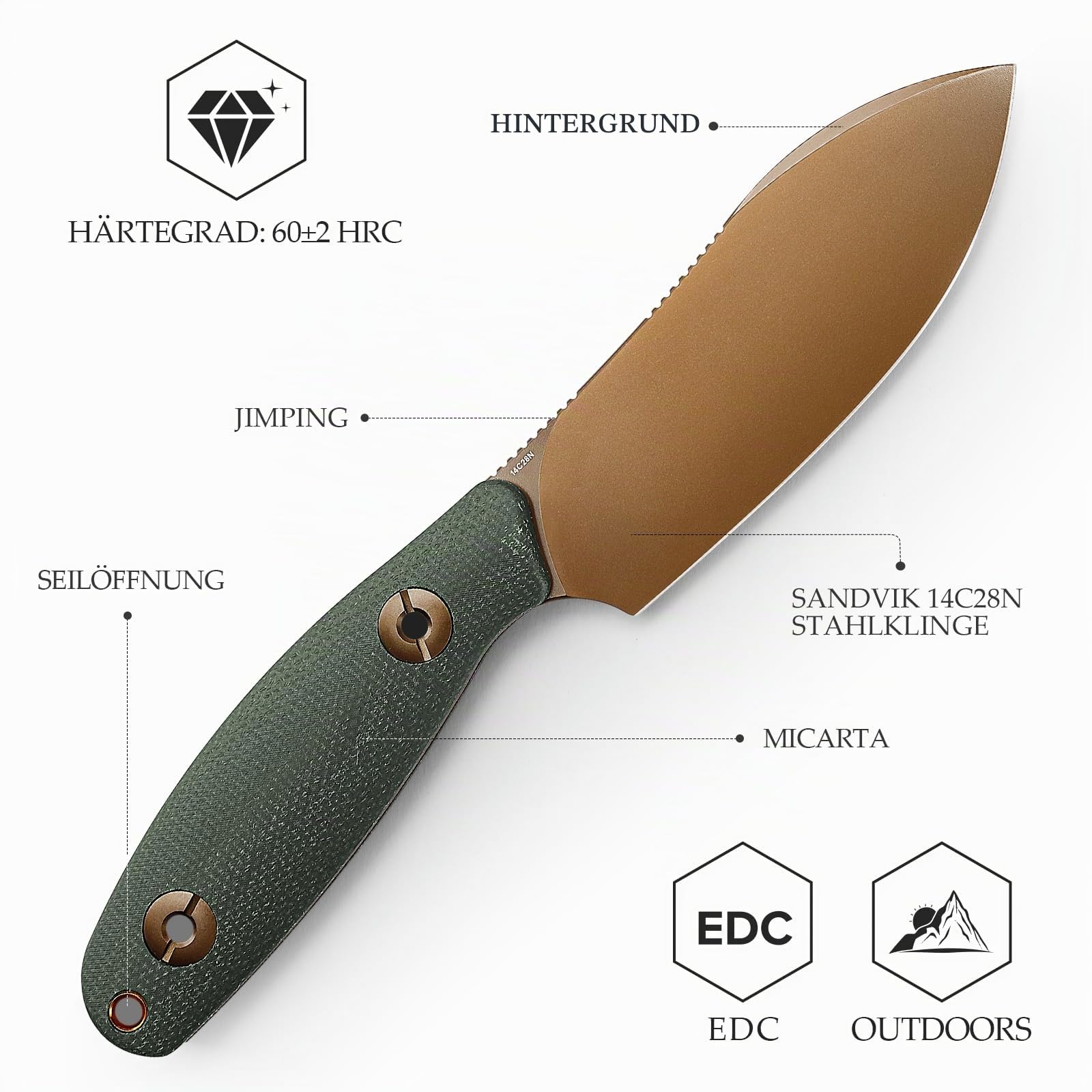 TRIVISA Aubergine Outdoor-Messer, Feststehende Vollerl-Klinge mit Kydex-Scheide, 9,8 cm 14C28N-Stahlklinge Jagdmesser, Grüner Micarta-Griff, Outdoor-Messer für Camping (Grün)