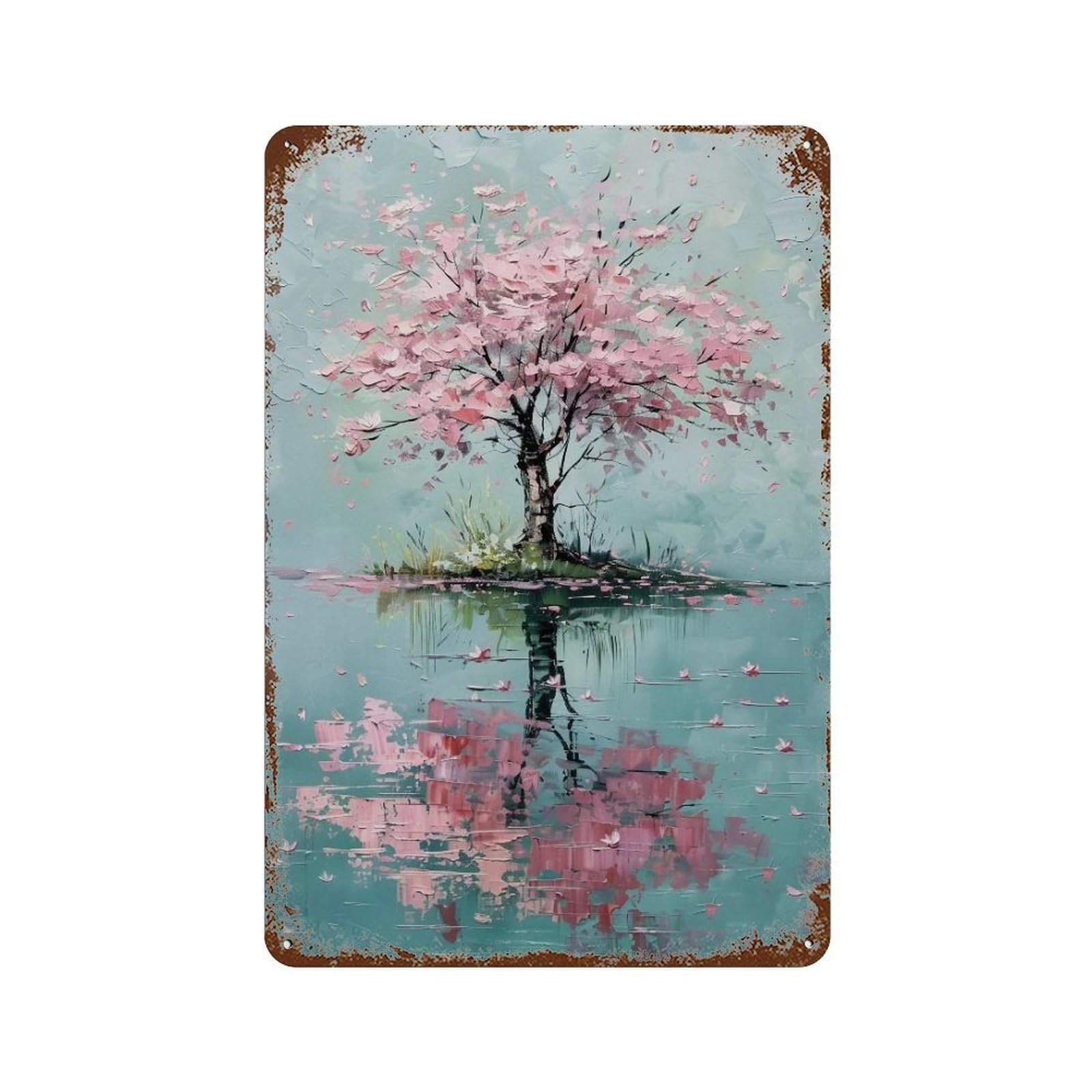 HDURYEYRYY Impasto Sakura Island Mirror Lake 04 Wall Retro Iron Vintage Art Metal Tin Sign Poster Modern Home Cofffee Club Art Bar Shop Decor Style 30x20cm