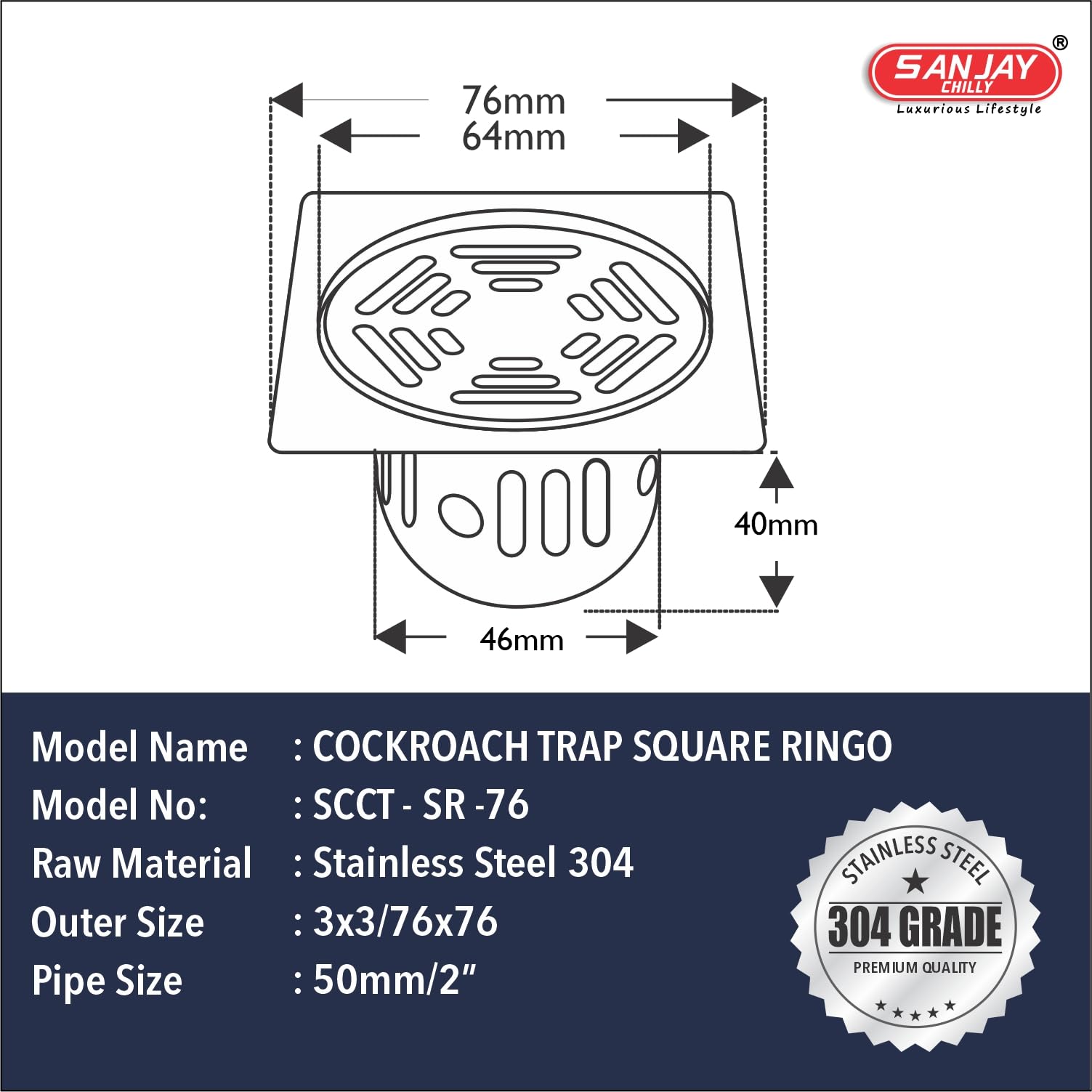 Sanjay Chilly Floor Drain Cockroach Trap for Bathroom 304 SS Grade Kitchen Washbasin Bathtub Sink Safety from Insects Anti Locking System (Square Ringo 3 x 3 INCH Silver) 1