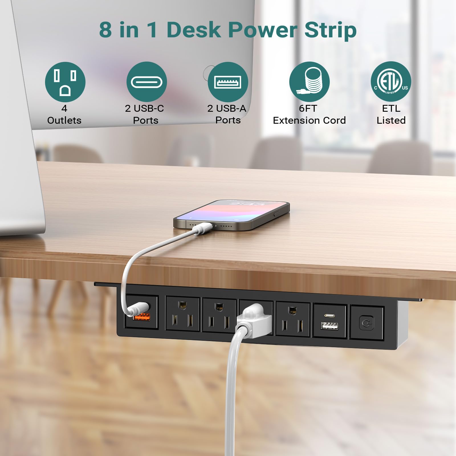 Under Desk Power Strip with 20W USB C, QBA 8-in-1 Desk Outlet Station, 4 AC Outlets, 2 USB-C, 2 USB-A, 6FT Cable, Desk Mount Power Strip for Home Office Conference, ETL Listed(Black)