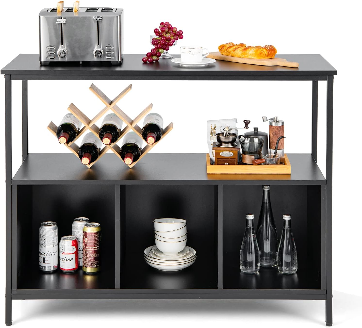 LOKO Buffet Cabinet with Open Shelves, Freestanding Kitchen Cabinet with 3-Cube Compartments, Coffee Bar Credenza Sideboard, 43.5 x 17 x 35 inches (Black)