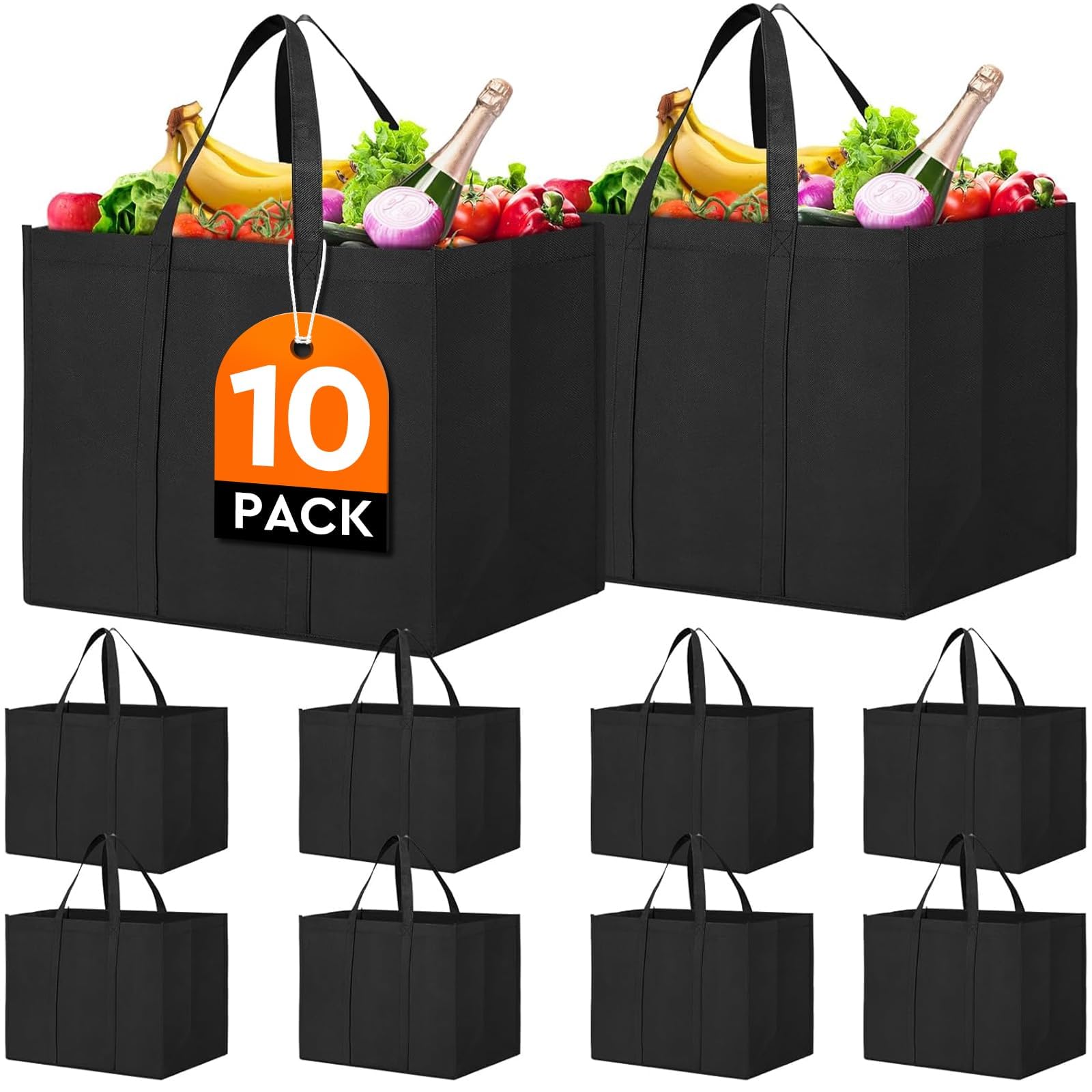 WISELIFE Reusable Grocery Shopping Bags 10 Pack Large Foldable Tote Bags Bulk, with Long Handle for Shopping Groceries Clothes (Black)