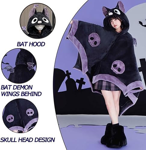 Miniatura 2 de Bonita manta de Halloween con capucha, tamaño libre para adultos, diseño de murciélago diablo, manta de sherpa suave de gran tamaño, con capucha