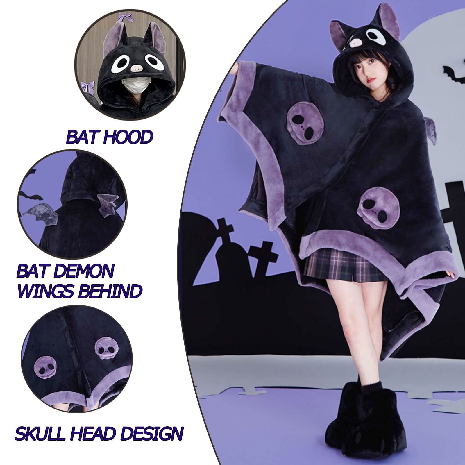 Couverture Capuche Chauve-souris - Velours Corail 207x147cm - Halloween/cosplay - Design Ailes Démon