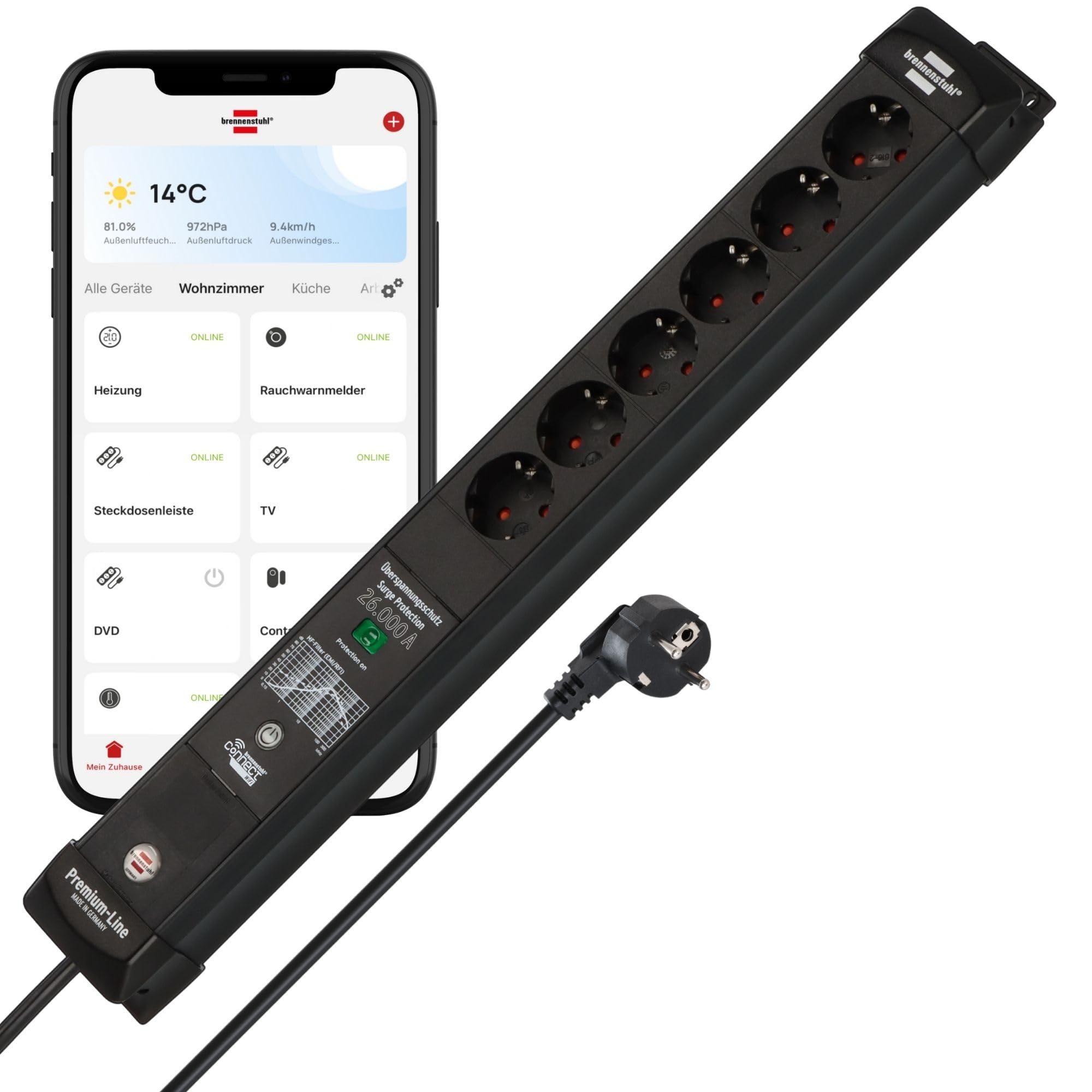 Brennenstuhl Connect Premium-Line Regleta Enchufes WiFi de 6 Tomas con protección Inteligente contra sobretensiones (Amazon Alexa y Google Assistant; App Gratuita; 1.8m; Made in Germany