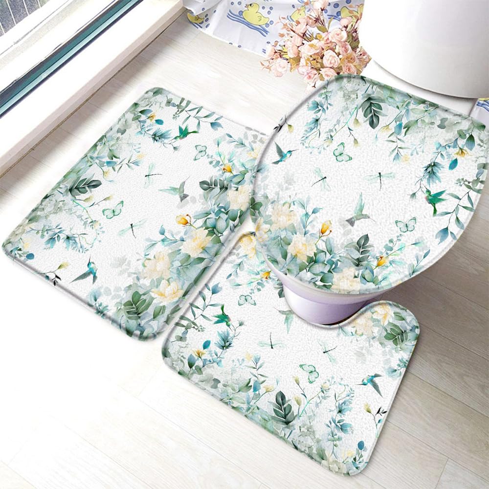 UOZXOML Sage Eucalyptus Leaves Bathroom Rug Set of 3,Watercolor Floral Flower Hummingbird Butterfly Dragonfly Modern 3 Pieces Bath Mats Set for Bathroom, Non-Slip Washable Cover Floor Rug Decor