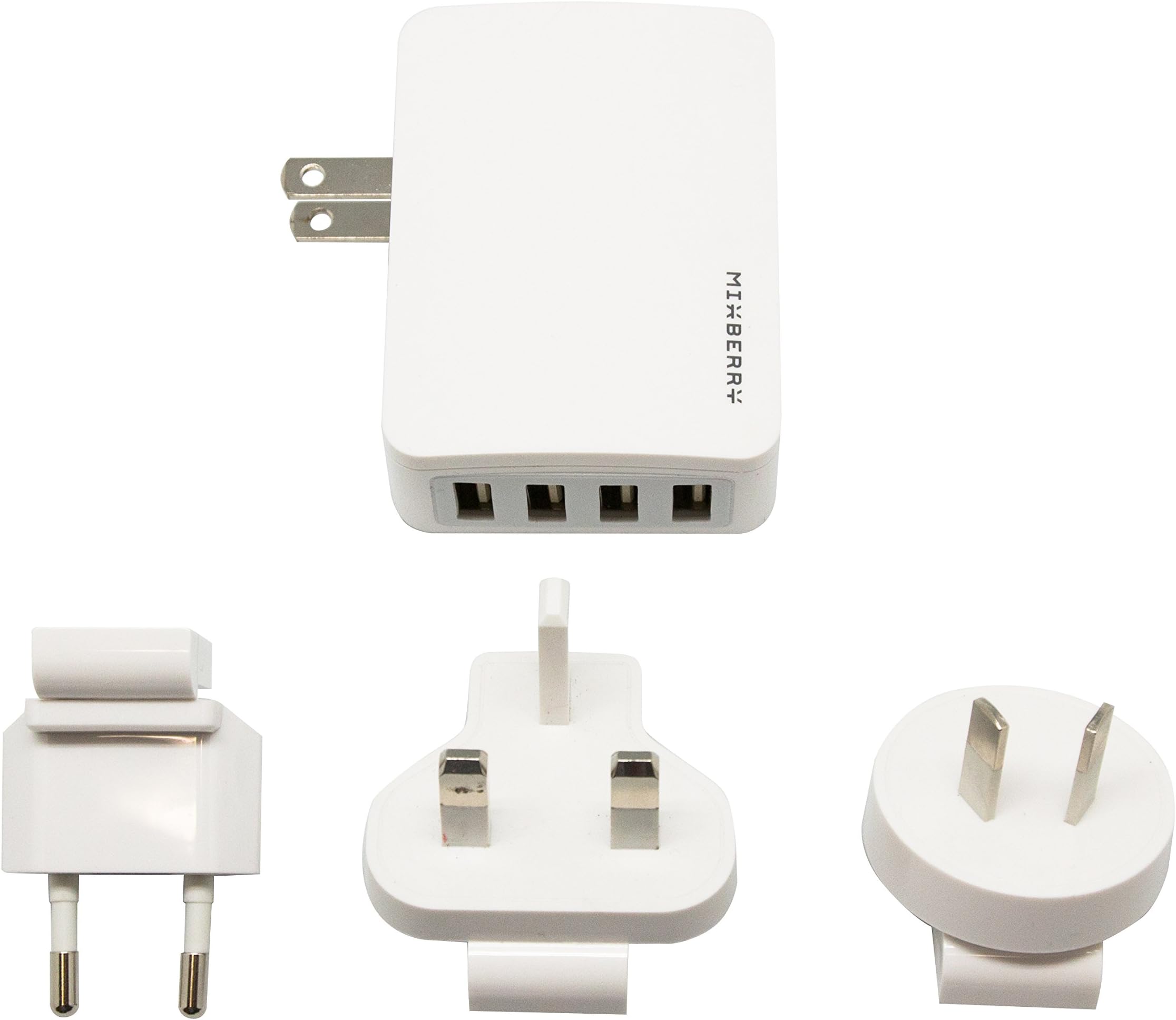 Mixberry 4 Port USB Fast Charge Travel Wall Charger - 5.4A - USB Ports to Charge 4 Devices at Once - US EU UK AU International Travel Adapters - for iPhone, Samsung Galaxy, iPad, Android, Smartphones