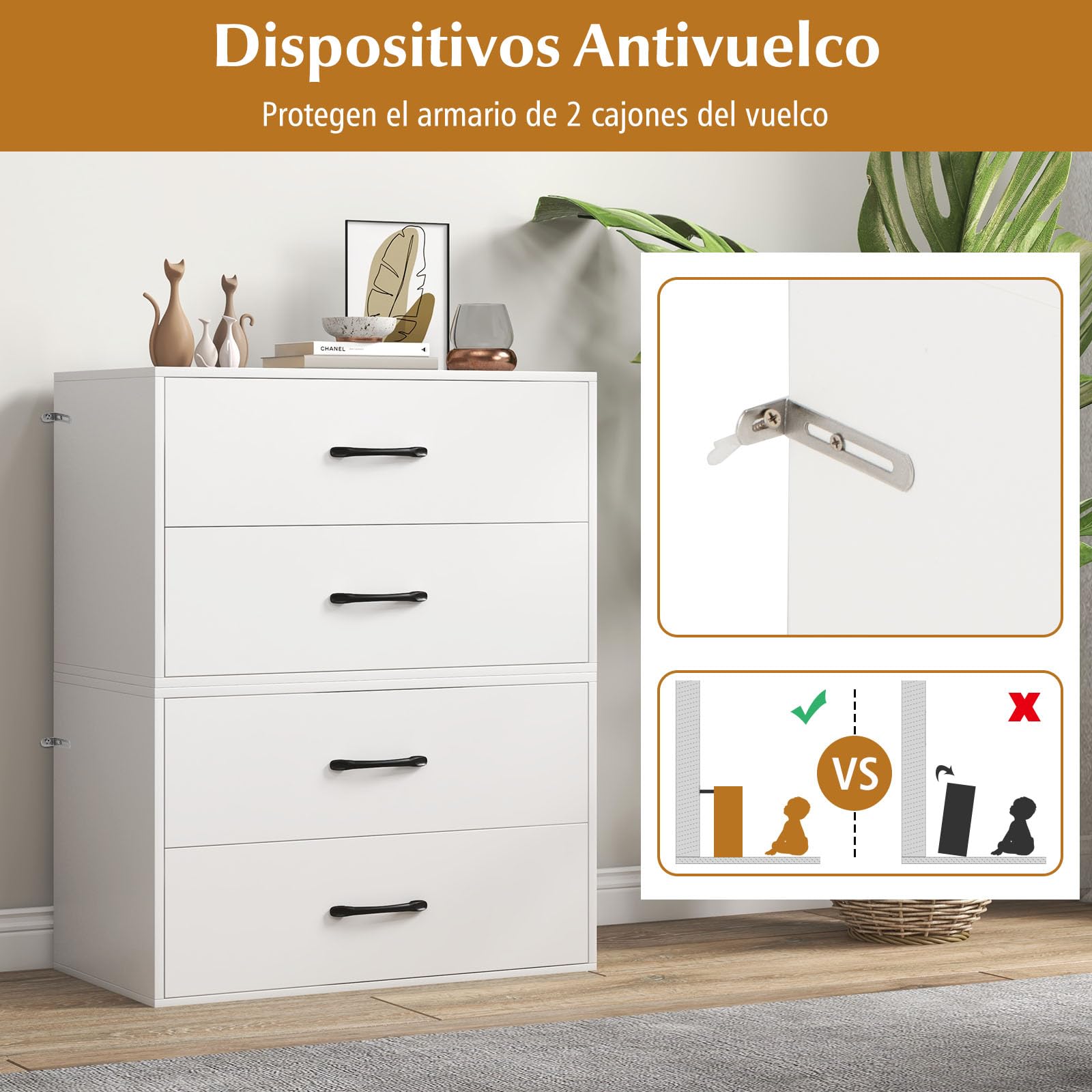 GIANTEX Cajonera de Almacenamiento con 2 Cajones, 60 x 34 x 38 cm, Armario Bajo de Madera, con Kit Antivuelco, Cómoda para Salón, Dormitorio (Blanco)
