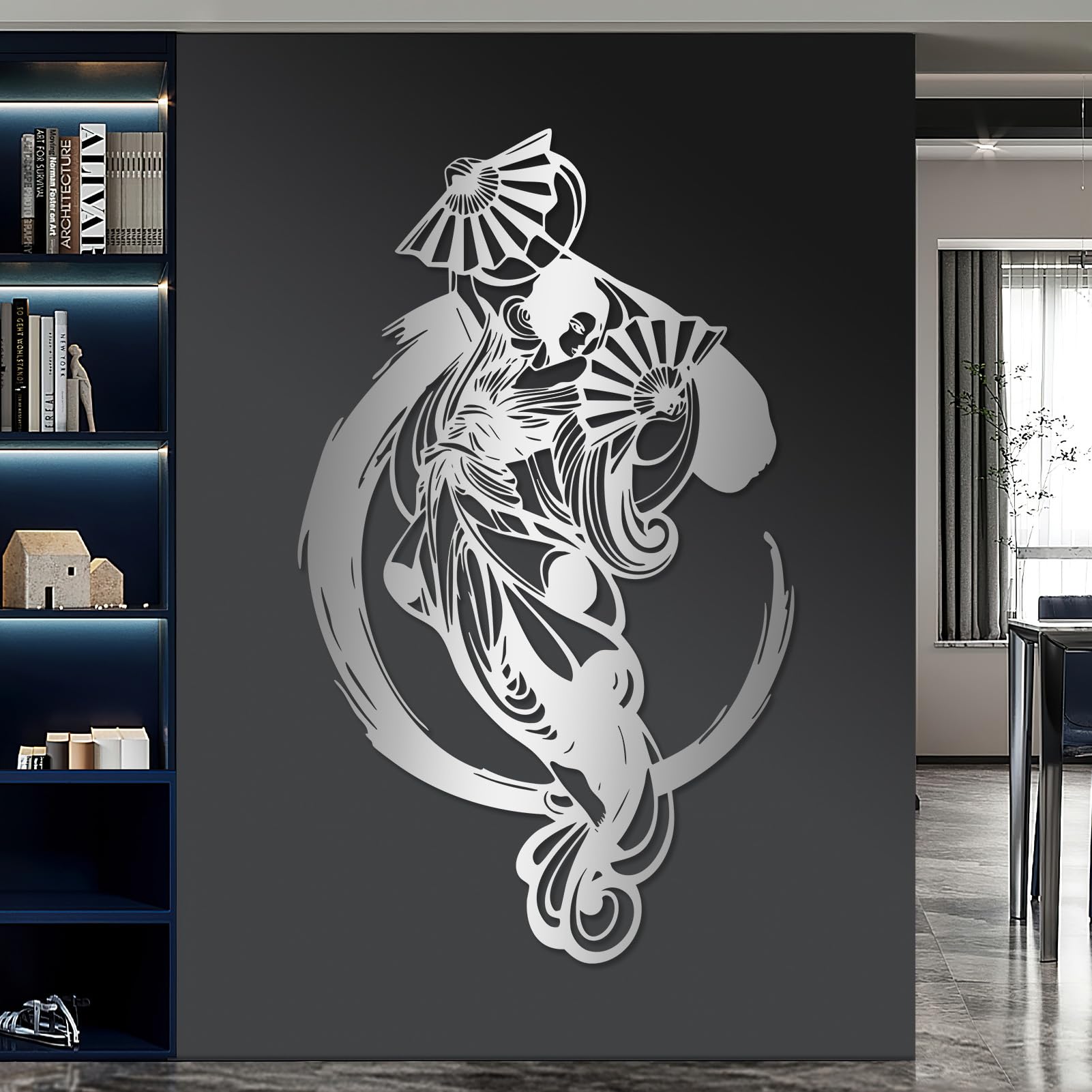 Gran Cuadro Abstracto de Metal con diseño de Mujer samurái, decoración Japonesa para Mujeres y Abanico para Sala de Estar o Dormitorio (Blanco, 105 x 62 cm).