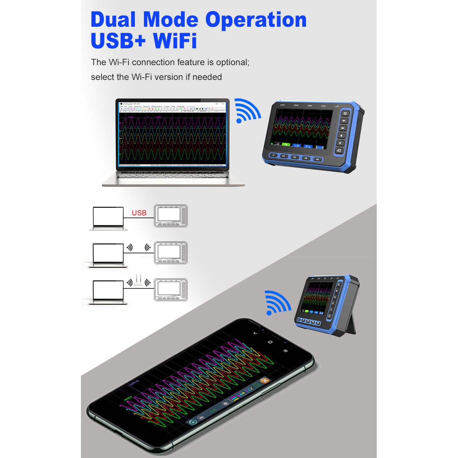 Oscilloscopio portatile Sunicon Display da 5 canali da 4,3 pollici Larghezza di banda da 1 MHz Frequenza di campionamento da 3 MHz Oscilloscopio portatile WiFi USB tipo C