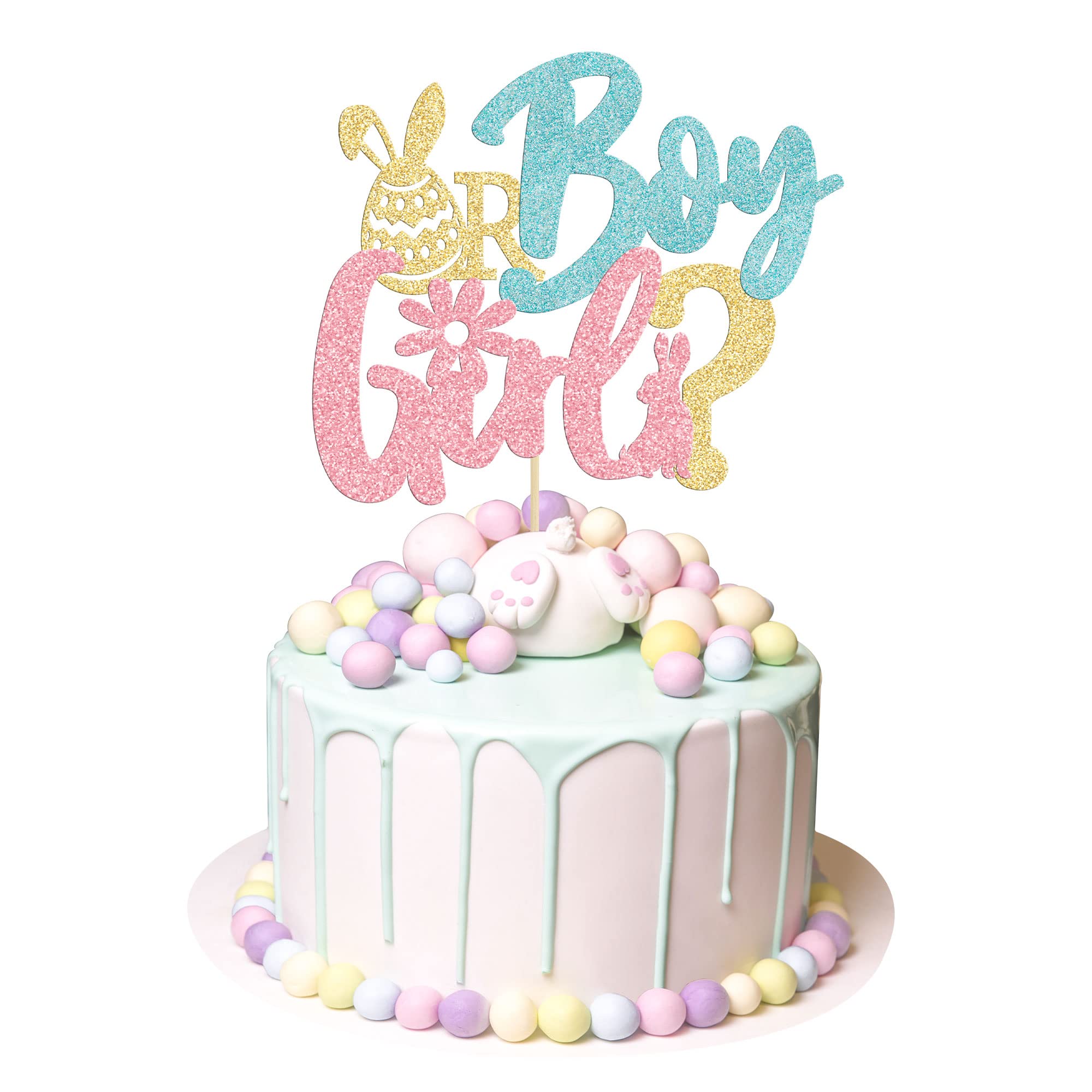 1Pc Happy Easter Boy or Girl Cake Topper Blue Pink Glitter Rabbit Bunny Gender Reveal Cake Food Pick Bunny Cake Decorations for Happy Easter Themed Baby Shower Kids Birthday Party Supplies — image 1