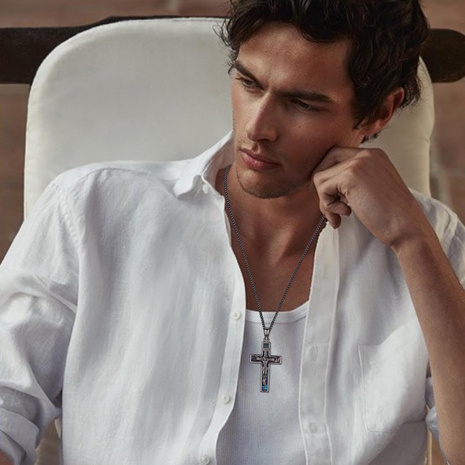 Crucifix Necklace 925 Sterling Silver Jesus/Orthodox Cross Pendant Gold Plated Necklace Abalone/Turquoise/Malachite Cross Jewelry Gift for Men Women Friend Brother - Image 2