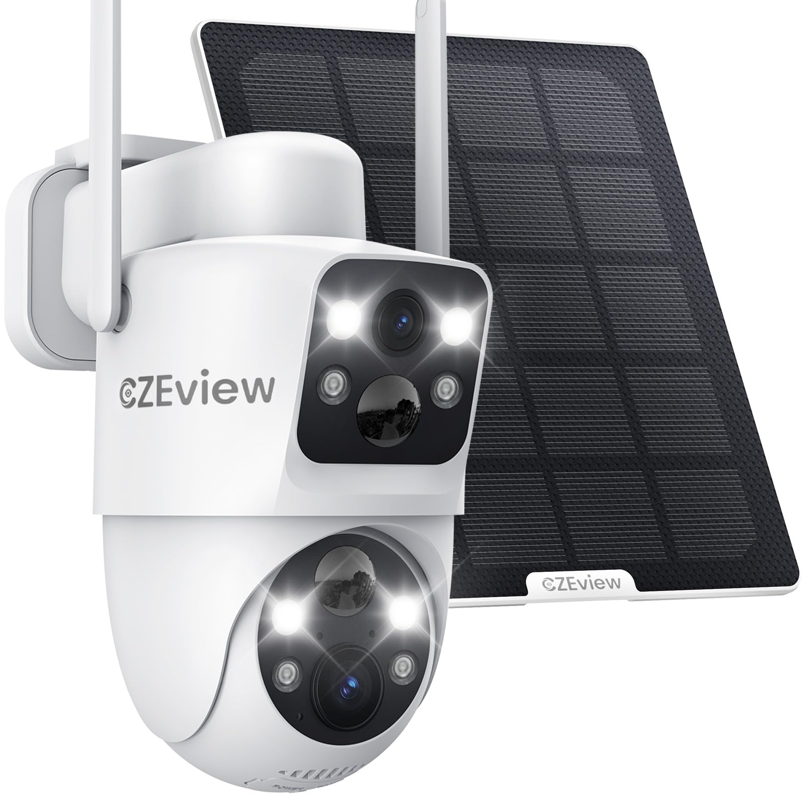 CZEview 4MP Cámara Vigilancia WiFi Exterior Solar con Batería, Doble Lente, 2.4GHz Wi-Fi Cámara IP65, 360° PTZ, Visión Nocturna Color, Audio Bidireccional, PIR Sirena, Blanca