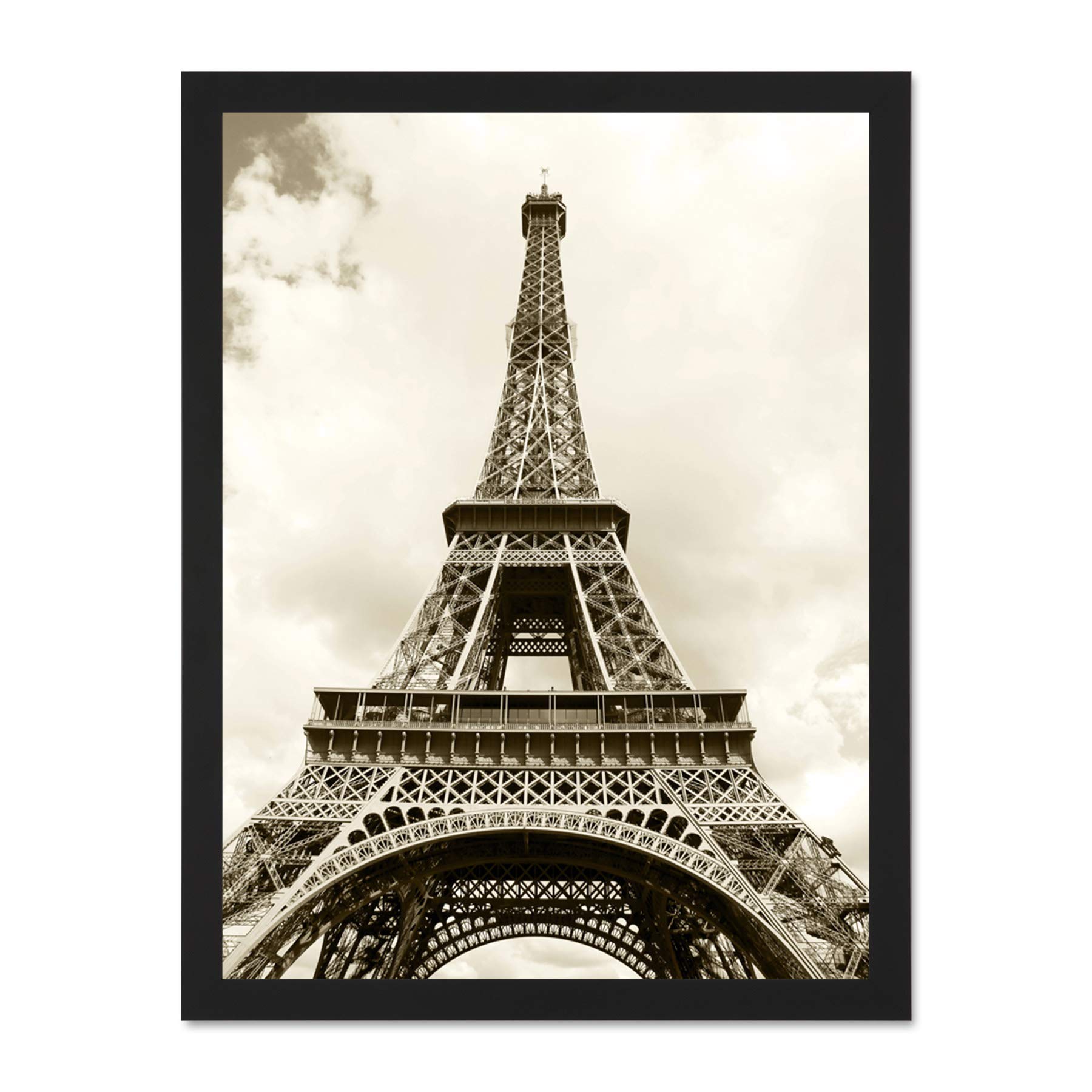 Wee Blue Coo Eiffel Tower Sepia Paris France Iconic Art Large Framed Art Print Poster Wall Decor 18x24 inch