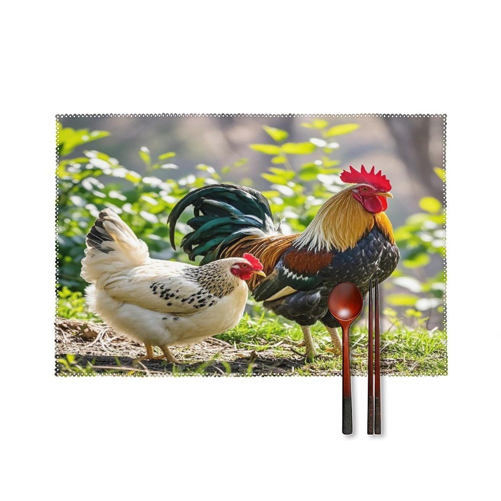 Rooster and Hen Placemats Set of 6 Heat Resistant Non-Slip Place Mats Washable Wipeable Table Mats Elegant Farmhouse Placemat for Kitchen Dining Outdoor Party Table Decor